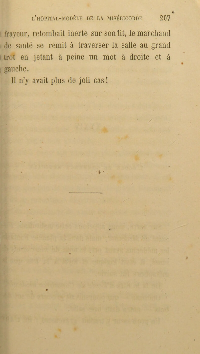 frayeur, retombait inerte sur son lit, le marchand de santé se remit à traverser la salle au grand trot en jetant à peine un mot à droite et à gauche. Il n’y avait plus de joli cas!
