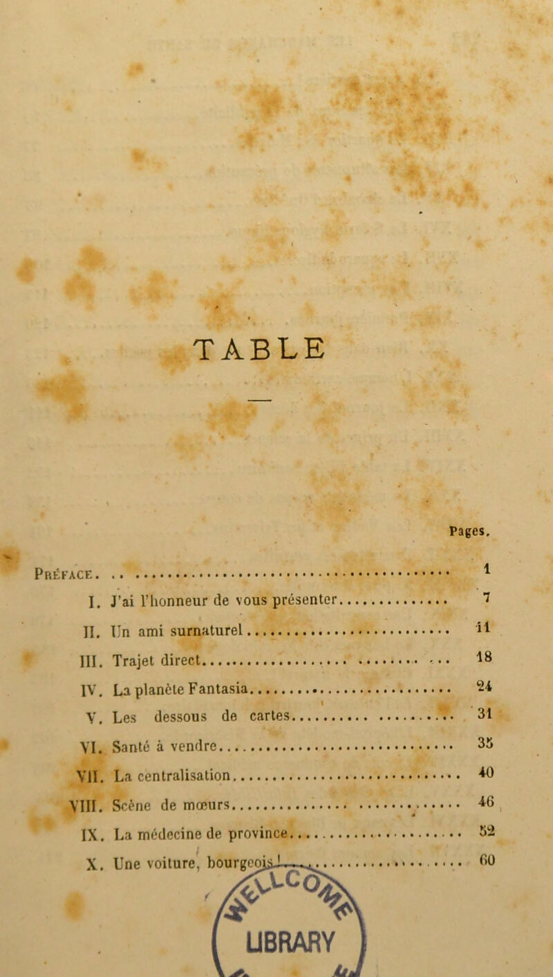 ' » TABLE Pages. Préface 1 I. J’ai l’honneur de vous présenter 7 II. Un ami surnaturel il III. Trajet direct . 18 IV. La planète Fantasia 24 V. Les dessous de cartes 7. 31 VI, Santé à vendre 35 Vil. La centralisation 46 VIII. Scène de mœurs » 46 « IX. La médecine de province 32 60