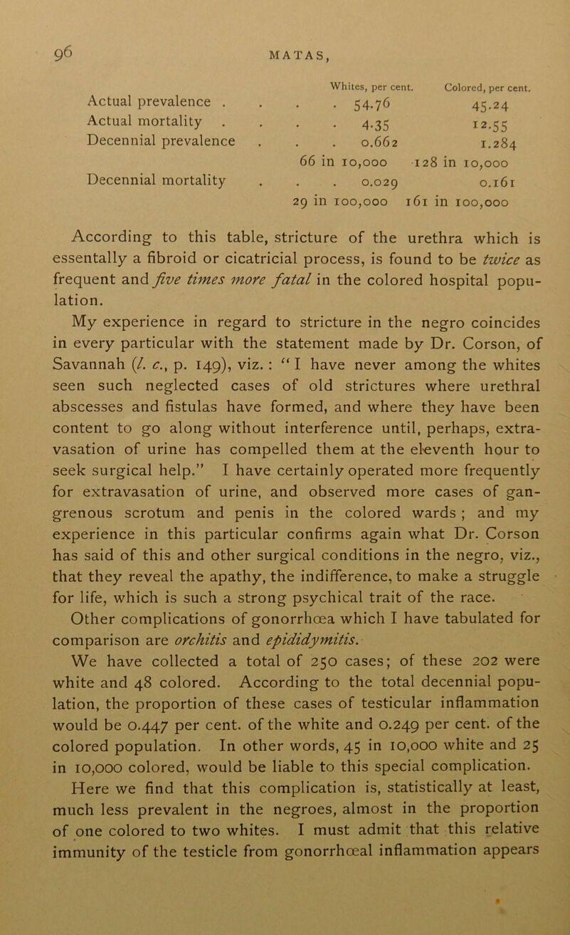 Whites, per cent. Colored, per cent. Actual prevalence . Actual mortality Decennial prevalence 5 4- 76 45.24 4-35 12.55 0.662 1.284 66 in 10,000 128 in 10,000 Decennial mortality 29 in 100,000 161 in 100,000 According to this table, stricture of the urethra which is essentally a fibroid or cicatricial process, is found to be twice as frequent and five times move fatal in the colored hospital popu- lation. My experience in regard to stricture in the negro coincides in every particular with the statement made by Dr. Corson, of Savannah (/. c., p. 149), viz. : “ I have never among the whites seen such neglected cases of old strictures where urethral abscesses and fistulas have formed, and where they have been content to go along without interference until, perhaps, extra- vasation of urine has compelled them at the eleventh hour to seek surgical help.” I have certainly operated more frequently for extravasation of urine, and observed more cases of gan- grenous scrotum and penis in the colored wards ; and my experience in this particular confirms again what Dr. Corson has said of this and other surgical conditions in the negro, viz., that they reveal the apathy, the indifference, to make a struggle for life, which is such a strong psychical trait of the race. Other complications of gonorrhoea which I have tabulated for comparison are orchitis and epididymitis. We have collected a total of 250 cases; of these 202 were white and 48 colored. According to the total decennial popu- lation, the proportion of these cases of testicular inflammation would be 0.447 per cent, of the white and 0.249 per cent, of the colored population. In other words, 45 in 10,000 white and 25 in 10,000 colored, would be liable to this special complication. Here we find that this complication is, statistically at least, much less prevalent in the negroes, almost in the proportion of one colored to two whites. I must admit that this relative immunity of the testicle from gonorrhoeal inflammation appears