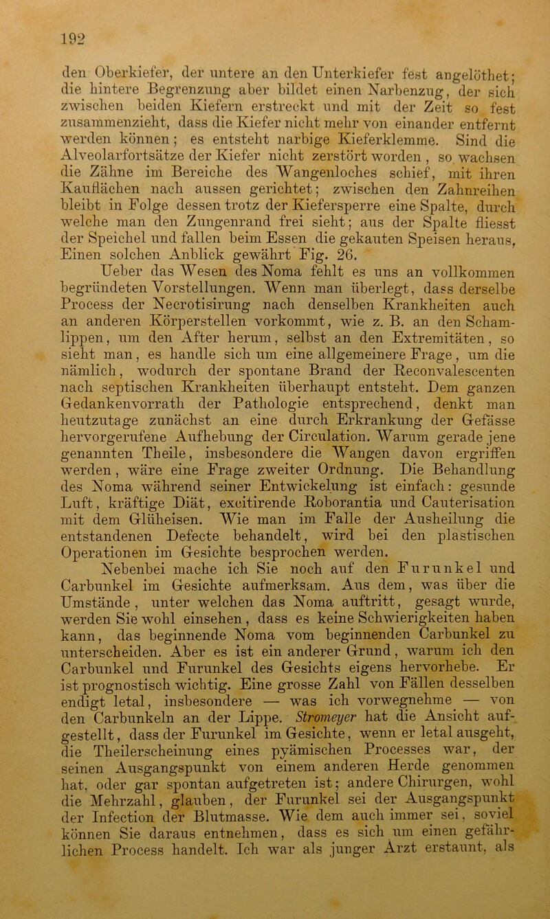 den Oberkiefer, der untere an den Unterkiefer fest angelöthet* die hintere Begrenzung aber bildet einen Narbenzug, der sich zwischen beiden Kiefern erstreckt und mit der Zeit so fest zusammenzieht, dass die Kiefer nicht mehr von einander entfernt werden können ; es entsteht narbige Kieferklemme. Sind die Alveolarfortsätze der Kiefer nicht zerstört worden , so wachsen die Zähne im Bereiche des Wangenloches schief, mit ihren Kauflächen nach aussen gerichtet; zwischen den Zahnreihen bleibt in Folge dessen trotz der Kiefersperre eine Spalte, durch welche man den Zungenrand frei sieht; aus der Spalte fliesst der Speichel und fallen beim Essen die gekauten Speisen heraus, Einen solchen Anblick gewährt Fig. 26. Ueber das Wesen des Noma fehlt es uns an vollkommen begründeten Vorstellungen. Wenn man überlegt, dass derselbe Process der Necrotisirung nach denselben Krankheiten auch an anderen Körperstellen vorkommt, wie z. B. an den Scham- lippen , um den After herum, selbst an den Extremitäten, so sieht man, es handle sich um eine allgemeinere Frage, um die nämlich, wodurch der spontane Brand der Reconvalescenten nach septischen Krankheiten überhaupt entsteht. Dem ganzen Gedankenvorrath der Pathologie entsprechend, denkt man heutzutage zunächst an eine durch Erkrankung der Gefässe hervorgerufene Aufhebung der Circulation. Warum gerade jene genannten Theile, insbesondere die Wangen davon ergriffen werden, wäre eine Frage zweiter Ordnung. Die Behandlung des Noma während seiner Entwickelung ist einfach: gesunde Luft, kräftige Diät, excitirende Roborantia und Cauterisation mit dem Gliiheisen. Wie man im Falle der Ausheilung die entstandenen Defecte behandelt, wird bei den plastischen Operationen im Gesichte besprochen werden. Nebenbei mache ich Sie noch auf den Furunkel und Carbunkel im Gesichte aufmerksam. Aus dem, was über die Umstände, unter welchen das Noma auftritt, gesagt wurde, werden Sie wohl einsehen, dass es keine Schwierigkeiten haben kann, das beginnende Noma vom beginnenden Carbunkel zu unterscheiden. Aber es ist ein anderer Grund, warum ich den Carbunkel und Furunkel des Gesichts eigens hervorhebe. Er ist prognostisch wichtig. Eine grosse Zahl von Fällen desselben endigt letal, insbesondere — was ich vorwegnehme. — von den Carbunkeln an der Lippe. Stromeyer hat die Ansicht auf- gestellt, dass der Furunkel im Gesichte, wenn er letal ausgeht, die Theilerscheinung eines pyämischen Processes war, der seinen Ausgangspunkt von einem anderen Herde genommen hat, oder gar spontan aufgetreten ist; andere Chirurgen, wohl die Mehrzahl, glauben, der Furunkel sei der Ausgangspunkt der Infection der Blutmasse. Wie dem auch immer sei, soviel können Sie daraus entnehmen, dass es sich um einen gefähr- lichen Process handelt. Ich war als junger Arzt erstaunt, als