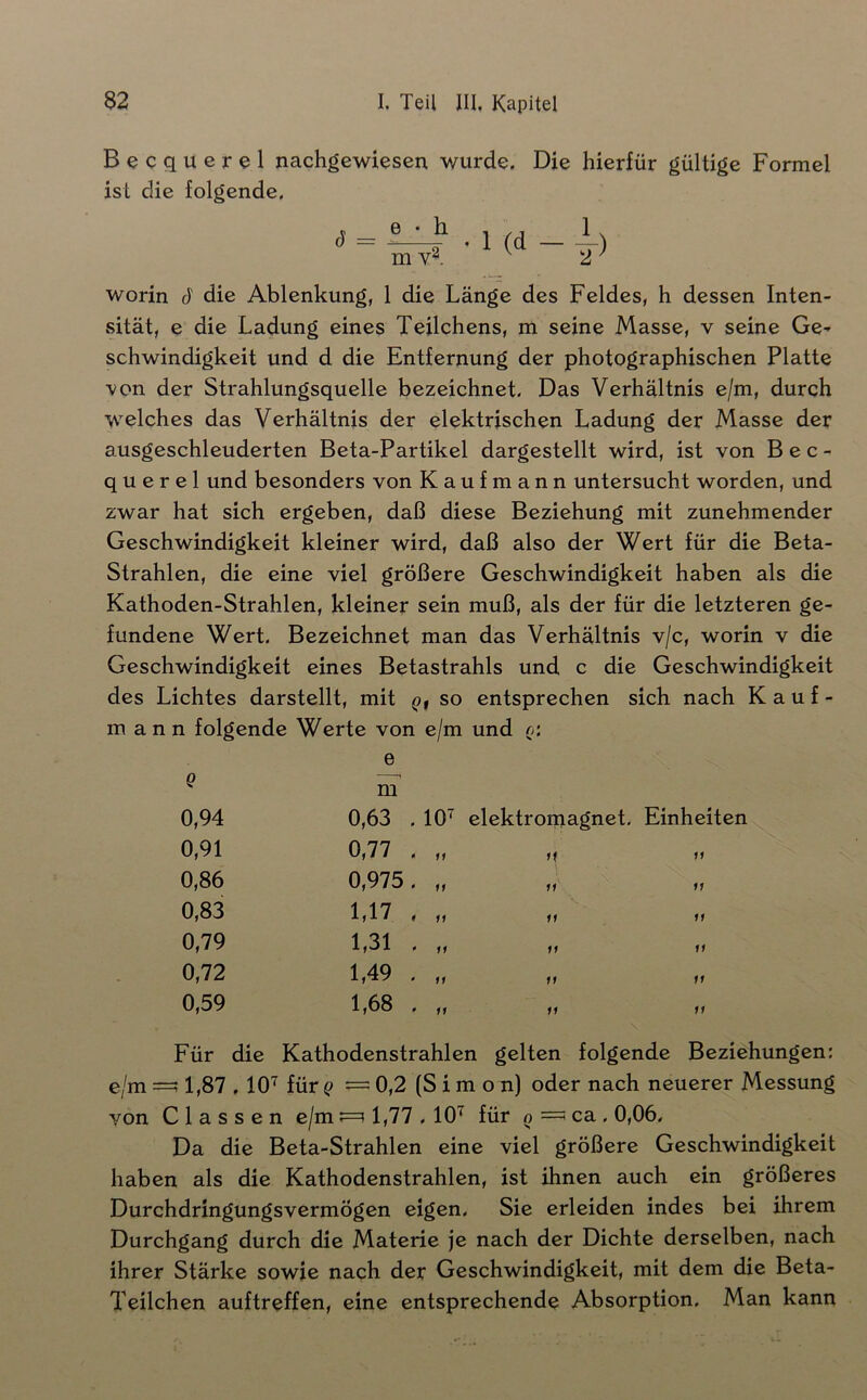 Becquerel nachgewiesen wurde. Die hierfür gültige Formel ist die folgende. 6 e • h m i(d-i) worin ü die Ablenkung, 1 die Länge des Feldes, h dessen Inten- sität, e die Ladung eines Teilchens, m seine Masse, v seine Ge- schwindigkeit und d die Entfernung der photographischen Platte von der Strahlungsquelle bezeichnet. Das Verhältnis e/m, durch welches das Verhältnis der elektrischen Ladung der Masse der ausgeschleuderten Beta-Partikel dargestellt wird, ist von Bec- querel und besonders von Kaufmann untersucht worden, und zwar hat sich ergeben, daß diese Beziehung mit zunehmender Geschwindigkeit kleiner wird, daß also der Wert für die Beta- Strahlen, die eine viel größere Geschwindigkeit haben als die Kathoden-Strahlen, kleiner sein muß, als der für die letzteren ge- fundene Wert. Bezeichnet man das Verhältnis v/c, worin v die Geschwindigkeit eines Betastrahls und c die Geschwindigkeit des Lichtes darstellt, mit p, so entsprechen sich nach Kauf- mann folgende Werte von e/m und q: e 0,94 0,63 . 10^ elektromagnet. Einheiten 0,91 0,77 , ,, ,f M 0,86 0,975 . „ „ 11 0,83 1,17 , „ 11 0,79 1,31 . „ 11 0,72 1,49 . „ 11 0,59 1,68 . ,, ,, 11 Für die Kathodenstrahlen gelten folgende Beziehungen: e/m =; 1,87.10'^ für= 0,2 (Simon) oder nach neuerer Messung von C 1 a s s e n e/m ^ 1,77.10’^ für () =; ca . 0,06, Da die Beta-Strahlen eine viel größere Geschwindigkeit haben als die Kathodenstrahlen, ist ihnen auch ein größeres Durchdringungsvermögen eigen. Sie erleiden indes bei ihrem Durchgang durch die Materie je nach der Dichte derselben, nach ihrer Stärke sowie nach der Geschwindigkeit, mit dem die Beta- Teilchen auftreffen, eine entsprechende Absorption. Man kann