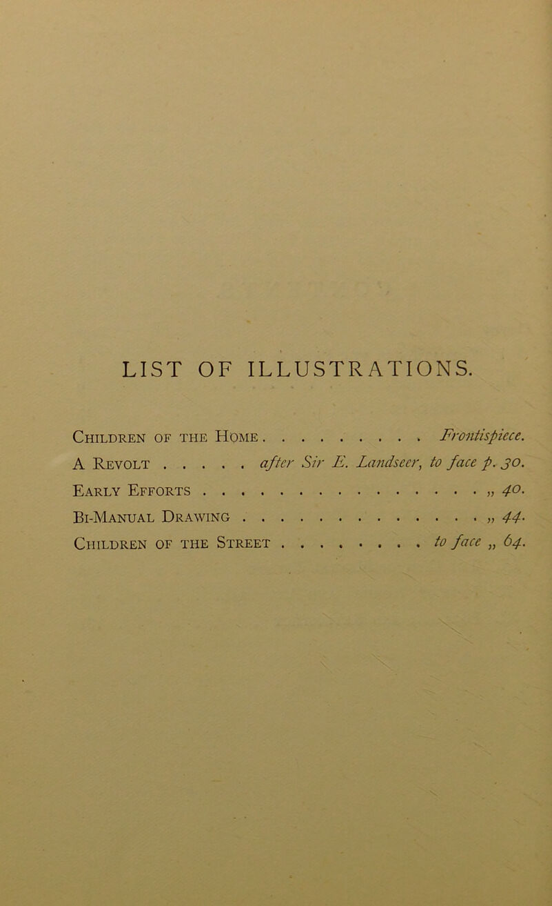 LIST OF ILLUSTRATIONS. Children of the Home Frontispiece. A Revolt after Sir E. Landseer, to face p. jo. Early Efforts „ 4°- Bi-Manual Drawing 44- Children of the Street to face „ 64.
