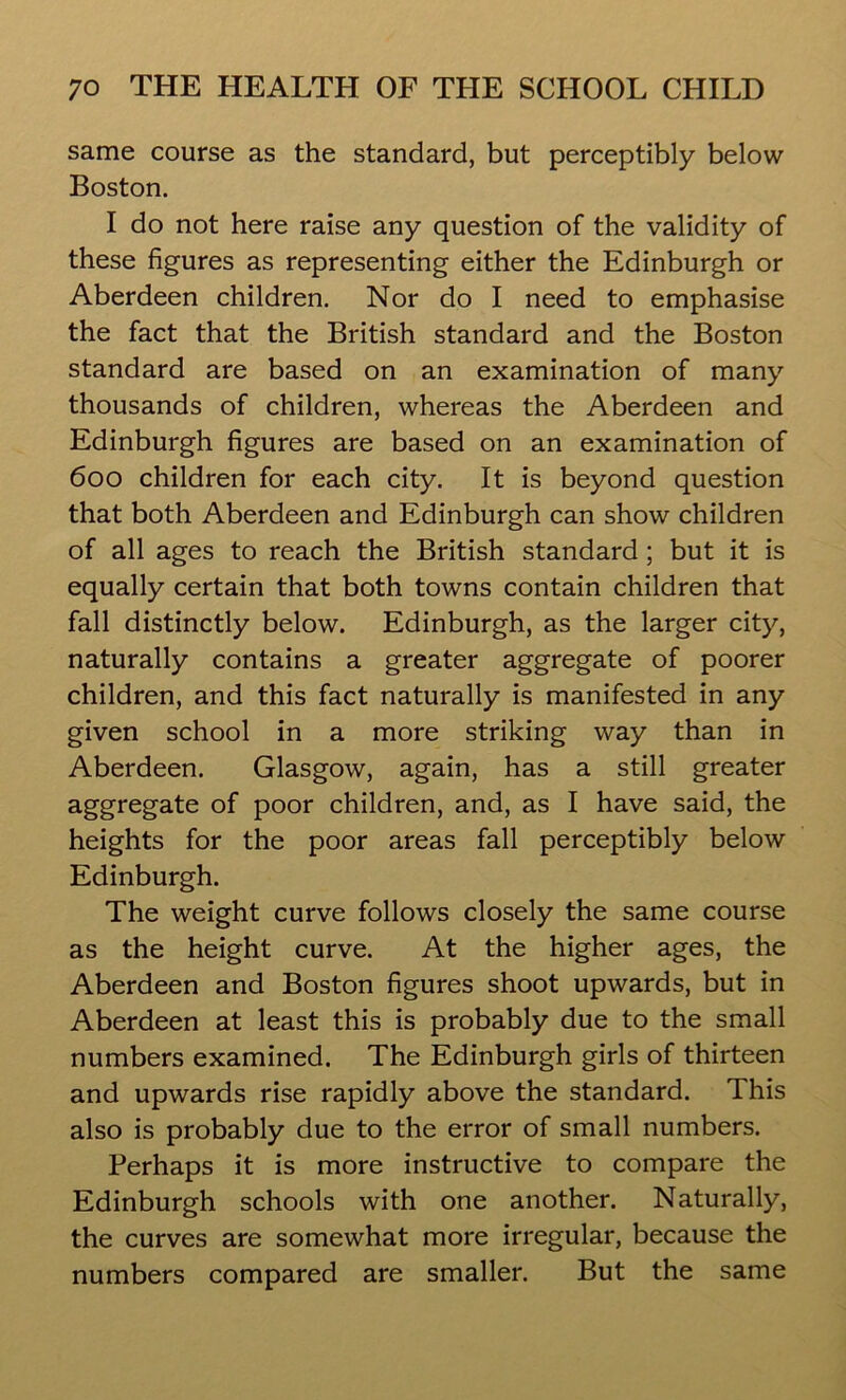 same course as the standard, but perceptibly below Boston. I do not here raise any question of the validity of these figures as representing either the Edinburgh or Aberdeen children. Nor do I need to emphasise the fact that the British standard and the Boston standard are based on an examination of many thousands of children, whereas the Aberdeen and Edinburgh figures are based on an examination of 600 children for each city. It is beyond question that both Aberdeen and Edinburgh can show children of all ages to reach the British standard ; but it is equally certain that both towns contain children that fall distinctly below. Edinburgh, as the larger city, naturally contains a greater aggregate of poorer children, and this fact naturally is manifested in any given school in a more striking way than in Aberdeen. Glasgow, again, has a still greater aggregate of poor children, and, as I have said, the heights for the poor areas fall perceptibly below Edinburgh. The weight curve follows closely the same course as the height curve. At the higher ages, the Aberdeen and Boston figures shoot upwards, but in Aberdeen at least this is probably due to the small numbers examined. The Edinburgh girls of thirteen and upwards rise rapidly above the standard. This also is probably due to the error of small numbers. Perhaps it is more instructive to compare the Edinburgh schools with one another. Naturally, the curves are somewhat more irregular, because the numbers compared are smaller. But the same