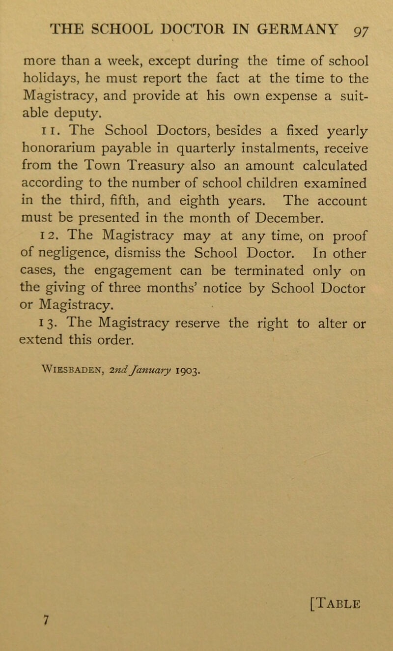 more than a week, except during the time of school holidays, he must report the fact at the time to the Magistracy, and provide at his own expense a suit- able deputy. 11. The School Doctors, besides a fixed yearly honorarium payable in quarterly instalments, receive from the Town Treasury also an amount calculated according to the number of school children examined in the third, fifth, and eighth years. The account must be presented in the month of December. 12. The Magistracy may at any time, on proof of negligence, dismiss the School Doctor. In other cases, the engagement can be terminated only on the giving of three months’ notice by School Doctor or Magistracy. 1 3. The Magistracy reserve the right to alter or extend this order. Wiesbaden, 2ndJamiary 1903. 7 [Table