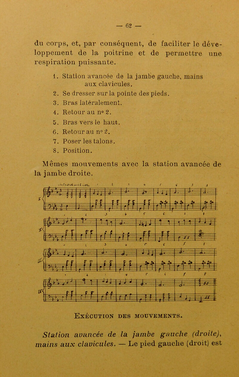du corps, et, par conséquent, de faciliter le déve- loppement de la poitrine et de permettre une respiration puissante. 1. Station avancée de la jamtie gauche, mains aux clavicules. 2. Se dresser sur la pointe des pieds. 3. Bras latéralement. 4. Retour au n<> 2. 5. Bras vers le haut. 6. Retour au no 2. 7. Poser les talons. S. Position. Mêmes mouvements avec la station avancée de la jambe droite. Exécution des mouvements. Staiion avancée de la jambe gauche (droite), mains aux clavicules. — Le pied gauche (droit) est