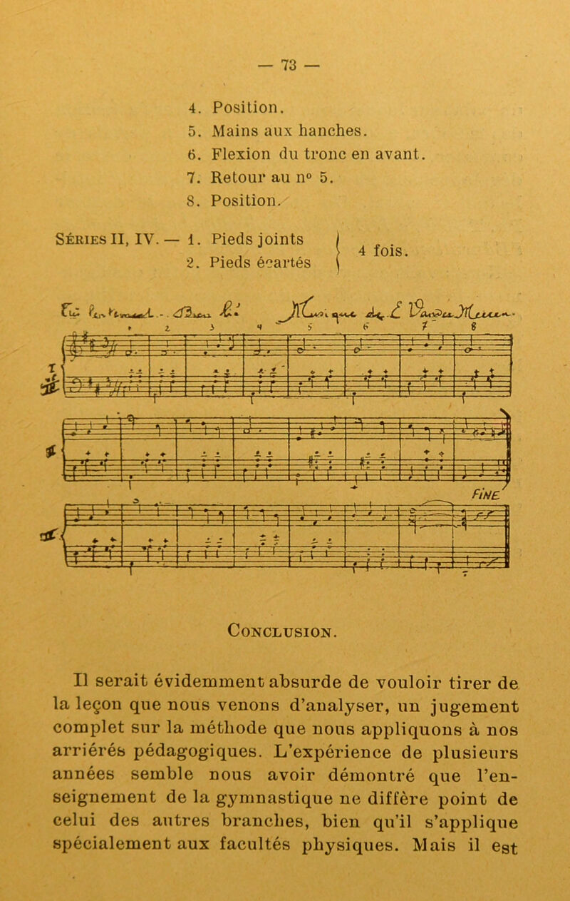 4. Position. 5. Mains aux hanches. 6. Flexion du tronc en avant. 7. Retour au n® 5. 8. Position. Séries II, IV. — 1. Pieds joints 2. Pieds écartés 4 fois. jitL 1 1 V' 'r A • . » T A ♦ ' ♦ 4- 4 >l' -f - - . ♦ ♦ ^ 4- — .t- L^J— 4 r —'—1 T if- 3^ f=^=^ • t ^ . l’I * 4 ——1— 4 ♦ —l—L-^— JL s * • • 0 î 1 4 i -* li«»| FiNE. A _ - - # • *. è l 1 * ' L^-ILJ b-pjv:: 8 Conclusion. Il serait évidemment absurde de vouloir tirer de la leçon que nous venons d’analyser, un jugement complet sur la méthode que nous appliquons à nos arriérés pédagogiques. L’expérience de plusieurs années semble nous avoir démontré que l’en- seignement de la gymnastique ne diffère point de celui des autres branches, bien qu’il s’applique spécialement aux facultés physiques. Mais il est