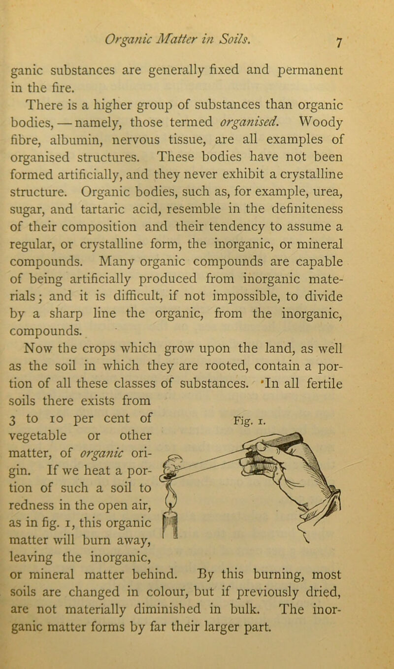 ganic substances are generally fixed and permanent in the fire. There is a higher group of substances than organic bodies, — namely, those termed organised. Woody fibre, albumin, nervous tissue, are all examples of organised structures. These bodies have not been formed artificially, and they never exhibit a crystalline structure. Organic bodies, such as, for example, urea, sugar, and tartaric acid, resemble in the definiteness of their composition and their tendency to assume a regular, or crystalline form, the inorganic, or mineral compounds. Many organic compounds are capable of being artificially produced from inorganic mate- rials; and it is difficult, if not impossible, to divide by a sharp line the organic, from the inorganic, compounds. Now the crops which grow upon the land, as well as the soil in which they are rooted, contain a por- tion of all these classes of substances. 'In all fertile soils there exists from 3 to 10 per cent of Fig. 1. vegetable or other matter, of organic ori- gin. If we heat a por- tion of such a soil to redness in the open air, as in fig. 1, this organic matter will burn away, leaving the inorganic, or mineral matter behind. By this burning, most soils are changed in colour, but if previously dried, are not materially diminished in bulk. The inor- ganic matter forms by far their larger part.