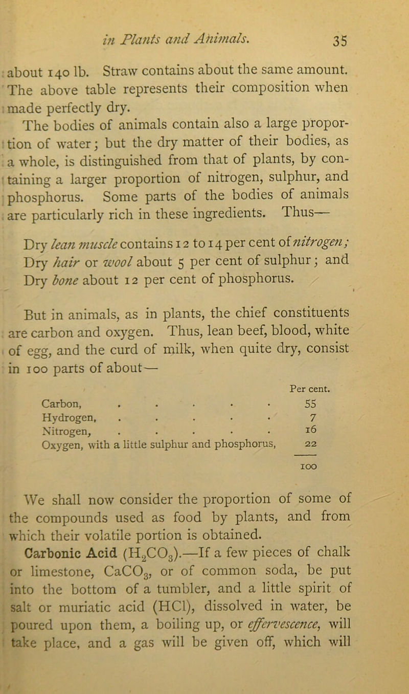 about 140 lb. Straw contains about the same amount. The above table represents their composition when : made perfectly dry. The bodies of animals contain also a large propor- tion of water; but the dry matter of their bodies, as a whole, is distinguished from that of plants, by con- taining a larger proportion of nitrogen, sulphur, and phosphorus. Some parts of the bodies of animals are particularly rich in these ingredients. Thus— Dry lean muscle contains 12 to 14 per cent of nitrogen; Dry hair or wool about 5 per cent of sulphur; and Dry bone about 12 per cent of phosphorus. But in animals, as in plants, the chief constituents are carbon and oxygen. Thus, lean beef, blood, white of egg, and the curd of milk, when quite dry, consist in 100 parts of about— Per cent. Carbon, ..... 55 Hydrogen, ..... 7 Nitrogen, ..... 16 Oxygen, with a little sulphur and phosphorus, 22 100 We shall now consider the proportion of some of the compounds used as food by plants, and from which their volatile portion is obtained. Carbonic Acid (H2C03).—If a few pieces of chalk or limestone, CaC03, or of common soda, be put into the bottom of a tumbler, and a little spirit of salt or muriatic acid (HC1), dissolved in water, be poured upon them, a boiling up, or effervescence, will take place, and a gas will be given off, which will