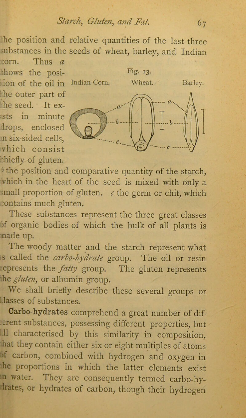 he position and relative quantities of the last three ■ubstances in the seeds of wheat, barley, and Indian :orn. Thus a •hows the posi- Fi&- I3- ion of the oil in Indian Corn. Wheat. Barley, hhe outer part of Tie seed. It ex- ists in minute lrops, enclosed n six-sided cells, which consist bhiefly of gluten. 1 the position and comparative quantity of the starch, vhich in the heart of the seed is mixed with only a ■mall proportion of gluten, c the germ or chit, which contains much gluten. These substances represent the three great classes >f organic bodies of which the bulk of all plants is nade up. The woody matter and the starch represent what ;s called the carbo-hydrate group. The oil or resin represents the fatty group. The gluten represents he gluten, or albumin group. We shall briefly describe these several groups or Masses of substances. Carbo-hydrates comprehend a great number of dif- rerent substances, possessing different properties, but ill characterised by this similarity in composition, hat they contain either six or eight multiples of atoms •f carbon, combined with hydrogen and oxygen in he proportions in which the latter elements exist n water. They are consequently termed carbo-hy- drates, or hydrates of carbon, though their hydrogen