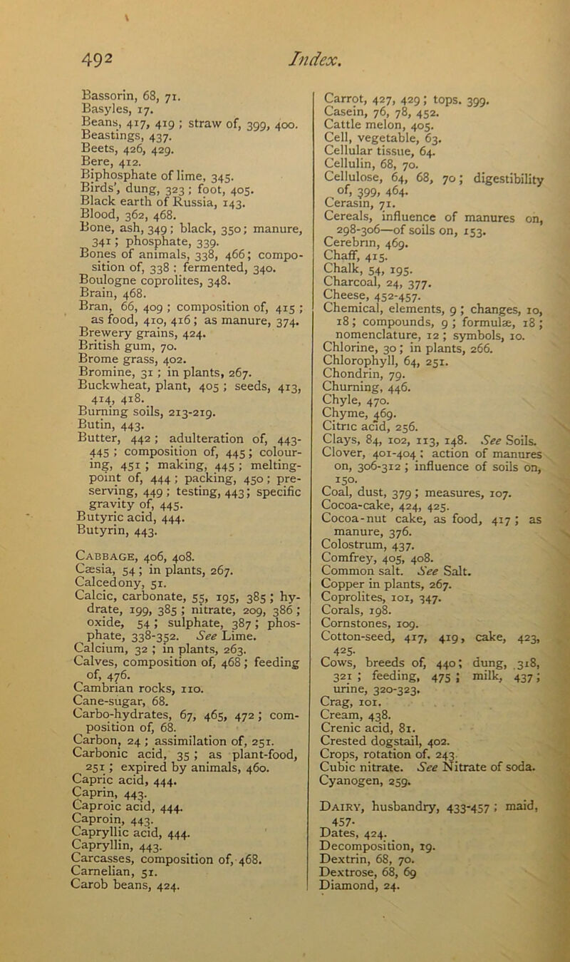 Bassorin, 68, 71. Basyles, 17. Beans, 417, 419 ; straw of, 399, 400. Beastings, 437. Beets, 426, 429. Bere, 412. Biphosphate of lime, 345. Birds’, dung, 323 ; foot, 405. Black earth of Russia, 143. Blood, 362, 468. Bone, ash, 349; black, 350; manure, 34i i phosphate, 339. Bones of animals, 338, 466; compo- sition of, 338 : fermented, 340. Boulogne coprolites, 348. Brain, 468. Bran, 66, 409 ; composition of, 415 ; as food, 410, 416 ; as manure, 374. Brewery grains, 424. British gum, 70. Brome grass, 402. Bromine, 31; in plants, 267. Buckwheat, plant, 405 ; seeds, 413, 414, 418. Burning soils, 213-219. Butin, 443. Butter, 442; adulteration of, 443- 445 ; composition of, 445; colour- ing, 4Si ; making, 445 ; melting- point of, 444 ; packing, 450; pre- serving, 449 ; testing, 443; specific gravity of, 445. Butyric acid, 444. Butyrin, 443. Cabbage, 406, 408. Cassia, 54 ; in plants, 267. Calcedony, 31. Calcic, carbonate, 55, 195, 385 ; hy- drate, 199, 385 ; nitrate, 209, 386 ; oxide, 54 ; sulphate, 387 ; phos- phate, 338-352. See Lime. Calcium, 32 ; in plants, 263. Calves, composition of, 468 ; feeding of, 476. Cambrian rocks, no. Cane-sugar, 68. Carbo-hydrates, 67, 465, 472; com- position of, 68. Carbon, 24 ; assimilation of, 251. Carbonic acid, 35 ; as plant-food, 251; expired by animals, 460. Capric acid, 444. Caprin, 443. Caproic acid, 444. Caproin, 443. Capryllic acid, 444. Capryllin, 443. Carcasses, composition of, 468. Camelian, 51. Carob beans, 424. Carrot, 427, 429 ; tops. 399. Casein, 76, 78, 452. Cattle melon, 405. Cell, vegetable, 63. Cellular tissue, 64. Cellulin, 68, 70. Cellulose, 64, 68, 70; digestibility „ of> ?99, 464. Cerasin, 71. Cereals, influence of manures on, 298-306—of soils on, 153. Cerebrm, 469. Chaff, 415. Chalk, 54, 195. Charcoal, 24, 377. Cheese, 452-457. Chemical, elements, 9 ; changes, 10, 18; compounds, 9 ; formulae, 18 ; nomenclature, 12 ; symbols, 10. Chlorine, 30; in plants, 266. Chlorophyll, 64, 251. Chondrin, 79. Churning, 446. Chyle, 470. Chyme, 469. Citric acid, 256. Clays, 84, 102, 113, 148. See Soils. Clover, 401-404 : action of manures on, 306-312; influence of soils on, 150. Coal, dust, 379; measures, 107. Cocoa-cake, 424, 425. Cocoa-nut cake, as food, 417; as manure, 376. Colostrum, 437. Comfrey, 405, 408. Common salt. See Salt. Copper in plants, 267. Coprolites, 101, 347. Corals, 198. Cornstones, 109. Cotton-seed, 417, 419, cake, 423, 425- Cows, breeds of, 440; dung, 318, 321 ; feeding, 475 ; milk, 437; urine, 320-323. Crag, 101. Cream, 438. Crenic acid, 81. Crested dogstail, 402. Crops, rotation of. 243 Cubic nitrate. See Nitrate of soda. Cyanogen, 259. Dairy, husbandry, 433-457 ; maid, 457- Dates, 424. Decomposition, 19. Dextrin, 68, 70. Dextrose, 68, 69 Diamond, 24.