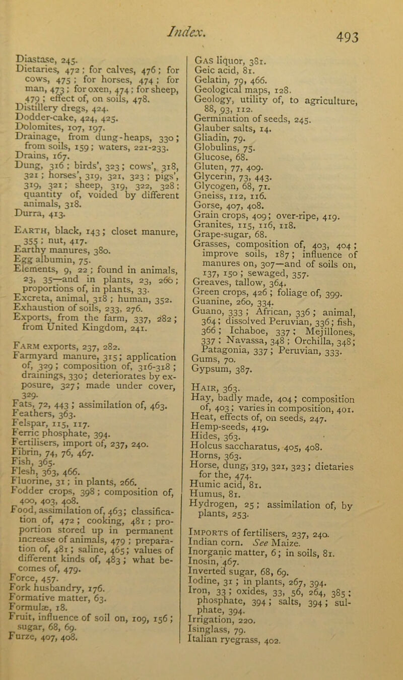 493 Diastase, 245. Dietaries, 472 ; for calves, 476; for cows, 475 ; for horses, 474 ; for man> 473: for oxen, 474; for sheep, 479 ; effect of, on soils, 478. Distillery dregs, 424. Dodder-cake, 424, 425. Dolomites, 107, 197. Drainage, from dung-heaps, 330; from soils, 159; waters, 221-233. Drains, 167. Dung, 316 ; birds’, 323; cows’, 318, 321; horses’, 3x9, 321, 323 ; pigs’, 319, 321; sheep, 319, 322, 328: quantity of, voided by different animals, 318. Durra, 4x3. Earth, black, 143; closet manure, 355 : nut, 417. Earthy manures, 380. Egg albumin, 75. Elements, 9, 224 found in animals, 23, 35—and in plants, 23, 26b; proportions of, in plants, 33. Excreta, animal, 318 ; human, 352. Exhaustion of soils, 233, 276. Exports, from the farm, 337, 282; from United Kingdom, 241. Farm exports, 237, 282. Farmyard manure, 315; application of, 329; composition of, 316-318 ; drainings, 330; deteriorates by ex- posure, 327; made under cover, 329. Fats, 72, 443 ; assimilation of, 463. Feathers, 363. Felspar, 1x5, 117. Ferric phosphate, 394. Fertilisers, import of, 237, 240. Fibrin, 74, 76, 467. Fish, 365. Flesh, 363, 466. Fluorine, 31; in plants, 266. Fodder crops, 398; composition of, 400, 403, 408. Food, assimilation of, 463; classifica- tion of, 472; cooking, 481 ; pro- portion stored up in permanent increase of animals, 479 ; prepara- tion of, 481; saline, 465; values of different kinds of, 483; what be- comes of, 479. Force 457. Fork husbandry, 176. Formative matter, 63. Formulae, 18. Fruit, influence of soil on, 109, 156 ; sugar, 68, 69. Furze, 407, 408. Gas liquor, 381. Geic acid, 81. Gelatin, 79, 466. Geological maps, 128. Geology, utility of, to agriculture, 88, 93, xi2. Germination of seeds, 243. Glauber salts, 14. Gliadin, 79. Globulins, 75. Glucose, 68. Gluten, 77, 409. Glycerin, 73, 443. Glycogen, 68, 71. Gneiss, 112, 116. Gorse, 407, 408. Grain crops, 409; over-ripe, 419. Granites, 115, 116, 118. Grape-sugar, 68. Grasses, composition of, 403, 404 ; improve soils, 187; influence of manures on, 307—and of soils on, 137. 150 i sewaged, 357. Greaves, tallow, 364. Green crops, 426 ; foliage of, 399. Guanine, 260, 334. Guano, 333 ; African, 336 ; animal, 364; dissolved Peruvian, 336; fish, 366; Ichaboe, 337; Mejillones, 337 ; Navassa, 348 ; Orchilla, 348; Patagonia, 337 ; Peruvian, 333. Gums, 70. Gypsum, 387. Hair, 363. Hay, badly made, 404 ; composition of) 4°3! varies in composition, 401. Heat, effects of, on seeds, 247. Hemp-seeds, 4ig. Hides, 363. Holcus saccharatus, 405, 408. Horns, 363. Horse, dung, 319, 321, 323; dietaries for the, 474. Humic acid, 81. Humus, 81. Hydrogen, 25; assimilation of, by plants, 253. Imports of fertilisers, 237, 240. Indian corn. See Maize. Inorganic matter, 6; in soils, 81. Inosin, 467. Inverted sugar, 68, 69. Iodine, 31; in plants, 267, 394. Don, 33 ; oxides, 33, 56, 264, 385 ; phosphate, 394; salts, 394; sul- phate, 394. Irrigation, 220. Isinglass, 79. Italian ryegrass, 402.