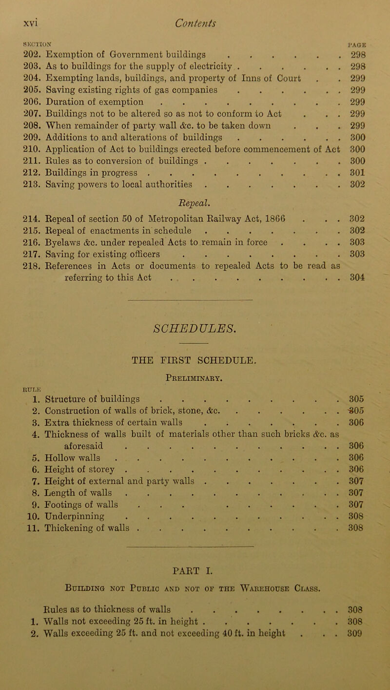 S NOTION l'AGE 202. Exemption of Government buildings 298 203. As to buildings for the supply of electricity 298 204. Exempting lands, buildings, and property of Inns of Court . . 299 205. Saving existing rights of gas companies 299 206. Duration of exemption 299 207. Buildings not to be altered so as not to conform to Act . . . 299 208. When remainder of party wall &c. to be taken down . . . 299 209. Additions to and alterations of buildings 300 210. Application of Act to buildings erected before commencement of Act 300 211. Buies as to conversion of buildings 300 212. Buildings in progress 301 213. Saving powers to local authorities 302 Repeal. 214. Bepeal of section 50 of Metropolitan Bailway Act, 1866 . . . 302 215. Bepeal of enactments in schedule 302 216. Byelaws &c. under repealed Acts to remain in force . . . . 303 217. Saving for existing officers 303 218. Beferences in Acts or documents to repealed Acts to be read as referring to this Act 304 SCHEDULES. THE FIBST SCHEDULE. Preliminary. RULE 1. Structure of buildings 305 2. Construction of walls of brick, stone, &c -805 3. Extra thickness of certain walls 306 4. Thickness of walls built of materials other than such bricks &c. as aforesaid 306 5. Hollow walls 306 6. Height of storey 306 7. Height of external and party walls 307 8. Length of walls 307 9. Footings of walls ... 307 10. Underpinning 308 11. Thickening of walls 308 PABT I. Building not Public and not of the Warehouse Class. Buies as to thickness of walls 308 1. Walls not exceeding 25 ft. in height . 308 2. Walls exceeding 25 ft. and not exceeding 40 ft. in height . . . 309