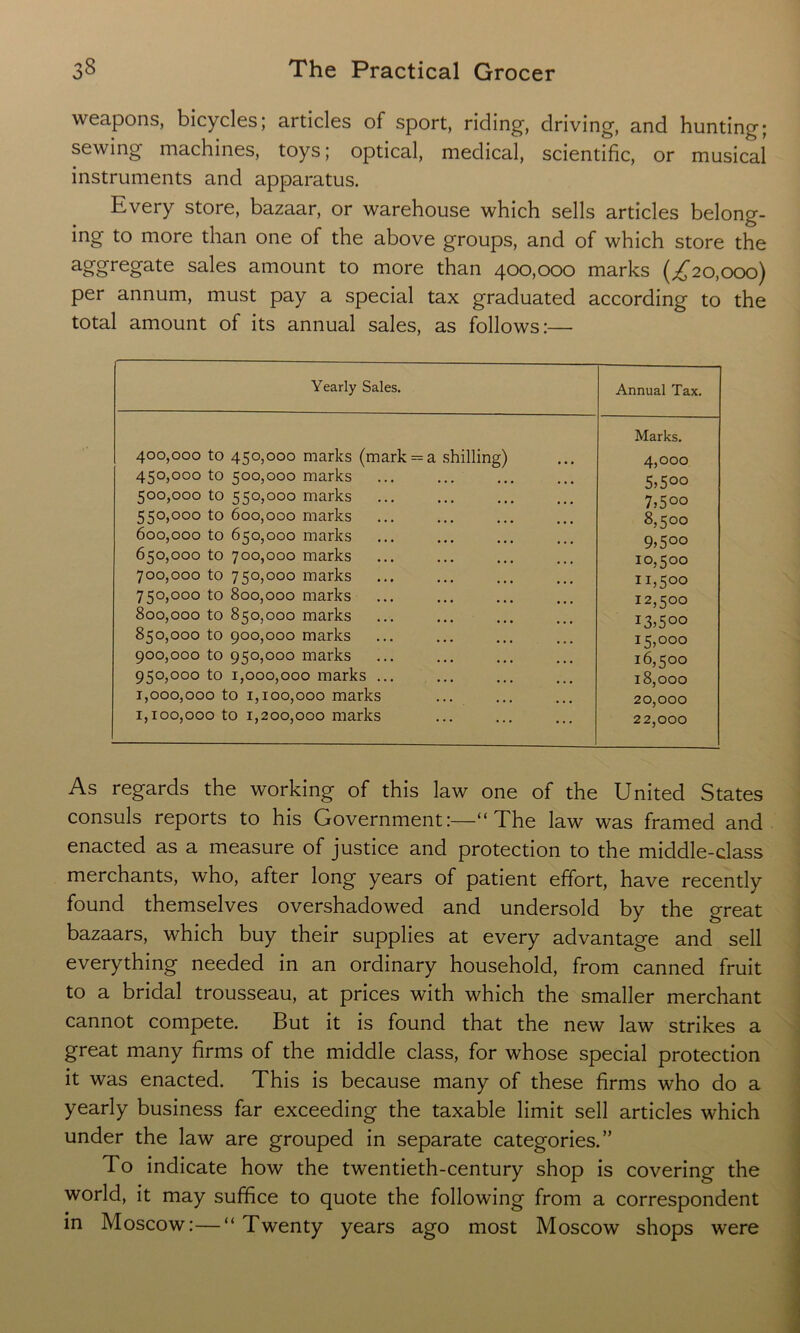 weapons, bicycles; articles of sport, riding, driving, and hunting; sewing machines, toys; optical, medical, scientific, or musical instruments and apparatus. Every store, bazaar, or warehouse which sells articles belong- ing to more than one of the above groups, and of which store the aggregate sales amount to more than 400,000 marks (,£20,000) per annum, must pay a special tax graduated according to the total amount of its annual sales, as follows:— Yearly Sales. Annual Tax. 400.000 to 450,000 marks (mark = a shilling) 450.000 to 500,000 marks 500.000 to 550,000 marks 550.000 to 600,000 marks 600.000 to 650,000 marks 650.000 to 700,000 marks 700.000 to 750,000 marks 750.000 to 800,000 marks 800.000 to 850,000 marks 850.000 to 900,000 marks 900.000 to 950,000 marks 950.000 to 1,000,000 marks ... 1,000,000 to 1,100,000 marks 1.100.000 to 1,200,000 marks Marks. 4,000 5>5°° 7j5°° 8,500 9>5°° 10.500 11.500 12.500 I3)5°° 15.000 16.500 18.000 20.000 22.000 As regards the working of this law one of the United States consuls reports to his Government:—“The law was framed and enacted as a measure of justice and protection to the middle-class merchants, who, after long years of patient effort, have recently found themselves overshadowed and undersold by the great bazaars, which buy their supplies at every advantage and sell everything needed in an ordinary household, from canned fruit to a bridal trousseau, at prices with which the smaller merchant cannot compete. But it is found that the new law strikes a great many firms of the middle class, for whose special protection it was enacted. This is because many of these firms who do a yearly business far exceeding the taxable limit sell articles which under the law are grouped in separate categories.” To indicate how the twentieth-century shop is covering the world, it may suffice to quote the following from a correspondent in Moscow:—“ Twenty years ago most Moscow shops were