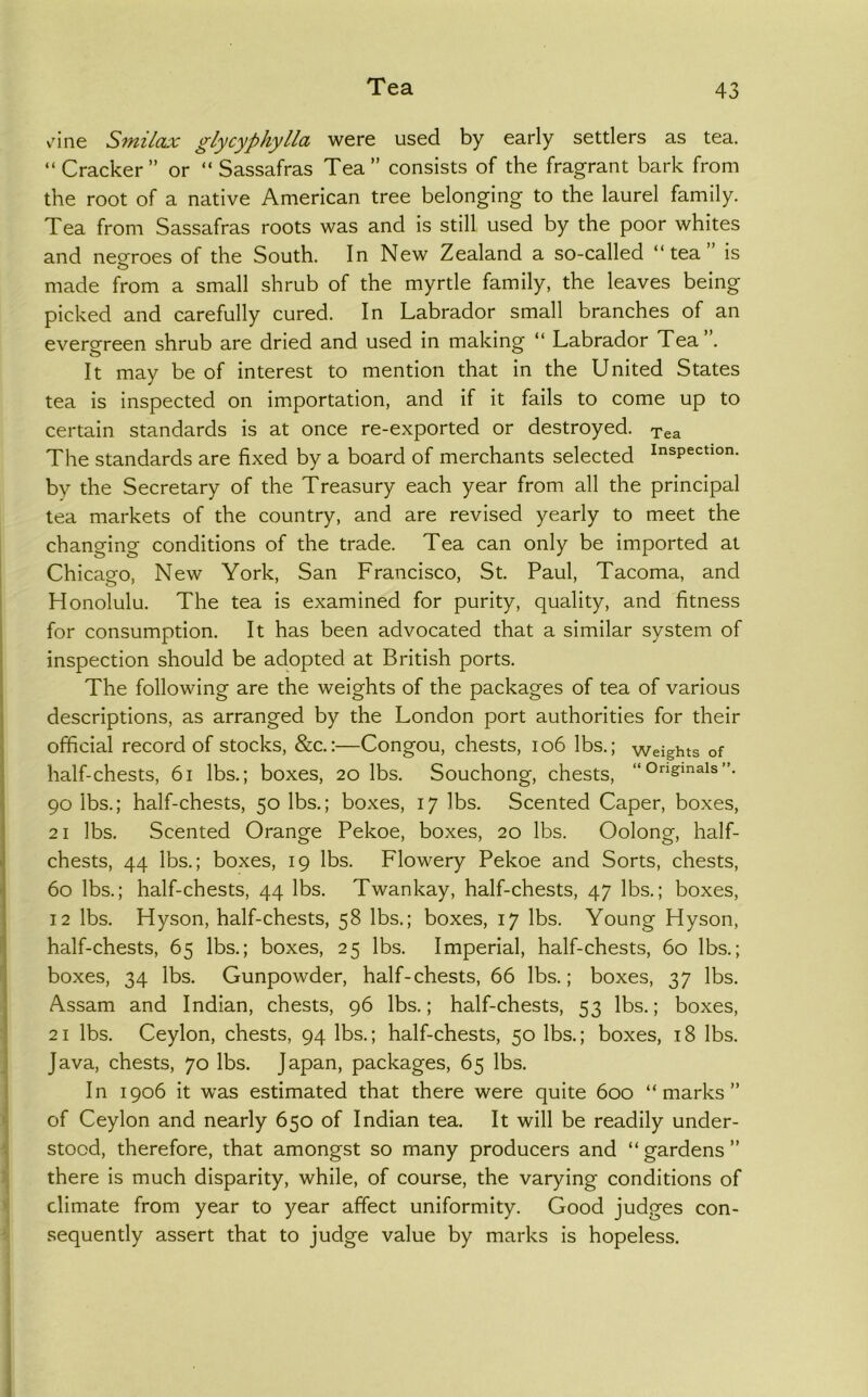 v'ine Smilax glycyphylla were used by early setders as tea. “Cracker” or “Sassafras Tea” consists of the fragrant bark from the root of a native American tree belonging to the laurel family. Tea from Sassafras roots was and is still used by the poor whites and neofroes of the South. In New Zealand a so-called “tea is made from a small shrub of the myrtle family, the leaves being picked and carefully cured. In Labrador small branches of an evergreen shrub are dried and used in making “ Labrador Tea . It may be of interest to mention that in the United States tea is inspected on importation, and if it fails to come up to certain standards is at once re-exported or destroyed. Tea The standards are fixed by a board of merchants selected i^^spection. by the Secretary of the Treasury each year from all the principal tea markets of the country, and are revised yearly to meet the changing conditions of the trade. Tea can only be imported at Chicago, New York, San Francisco, St. Paul, Tacoma, and Honolulu. The tea is examined for purity, quality, and fitness for consumption. It has been advocated that a similar system of inspection should be adopted at British ports. The following are the weights of the packages of tea of various descriptions, as arranged by the London port authorities for their official record of stocks, &c.:—Congou, chests, io6 lbs.; weights of half-chests, 6i lbs.; boxes, 20 lbs. Souchong, chests, “Origmais”. 90 lbs.; half-chests, 50 lbs.; boxes, 17 lbs. Scented Caper, boxes, 21 lbs. Scented Orange Pekoe, boxes, 20 lbs. Oolong, half- chests, 44 lbs.; boxes, 19 lbs. Flowery Pekoe and Sorts, chests, 60 lbs.; half-chests, 44 lbs. Twankay, half-chests, 47 lbs.; boxes, 112 lbs. Hyson, half-chests, 58 lbs.; boxes, 17 lbs. Young Hyson, half-chests, 65 lbs.; boxes, 25 lbs. Imperial, half-chests, 60 lbs.; boxes, 34 lbs. Gunpowder, half-chests, 66 lbs.; boxes, 37 lbs. Assam and Indian, chests, 96 lbs.; half-chests, 53 lbs.; boxes, 21 lbs. Ceylon, chests, 94 lbs.; half-chests, 50 lbs.; boxes, 18 lbs. Java, chests, 70 lbs. Japan, packages, 65 lbs. In 1906 it was estimated that there were quite 600 “marks” > of Ceylon and nearly 650 of Indian tea. It will be readily under- ' stood, therefore, that amongst so many producers and “gardens” ! there Is much disparity, while, of course, the varying conditions of 1 climate from year to year affect uniformity. Good judges con- sequently assert that to judge value by marks is hopeless.
