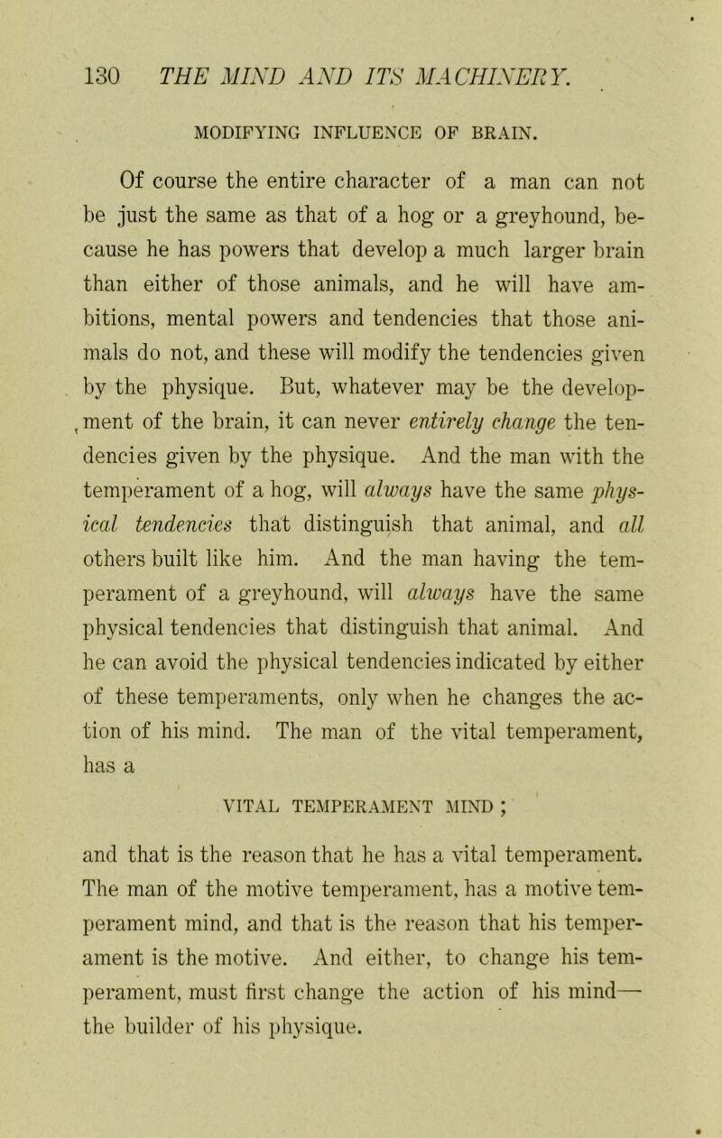 MODIFYING INFLUENCE OF BRAIN. Of course the entire character of a man can not be just the same as that of a hog or a greyhound, be- cause he has powers that develop a much larger brain than either of those animals, and he will have am- bitions, mental powers and tendencies that those ani- mals do not, and these will modify the tendencies given by the physique. But, whatever may be the develop- , ment of the brain, it can never entirely change the ten- dencies given by the physique. And the man with the temperament of a hog, will always have the same phys- ical tendencies that distinguish that animal, and all others built like him. And the man having the tem- perament of a greyhound, will always have the same physical tendencies that distinguish that animal. And he can avoid the physical tendencies indicated by either of these temperaments, only when he changes the ac- tion of his mind. The man of the vital temperament, has a VITAL TEMPERAMENT MIND ; and that is the reason that he has a vital temperament. The man of the motive temperament, has a motive tem- perament mind, and that is the reason that his temper- ament is the motive. And either, to change his tem- perament, must first change the action of his mind— the builder of his physique.