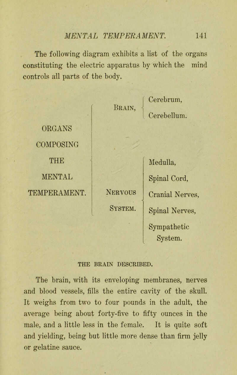 The following diagram exhibits a list of the organs constituting the electric apparatus by which the mind controls all parts of the body. Brain, ORGANS COMPOSING THE MENTAL TEMPERAMENT. Nervous System. Cerebrum, Cerebellum. Medulla, Spinal Cord, Cranial Nerves, Spinal Nerves, Sympathetic System. THE BRAIN DESCRIBED. The brain, with its enveloping membranes, neives and blood vessels, fills the entire cavity of the skull. It weighs from two to four pounds in the adult, the average being about forty-five to fifty ounces in the male, and a little less in the female. It is quite soft and yielding, being but little more dense than firm jelly or gelatine sauce.