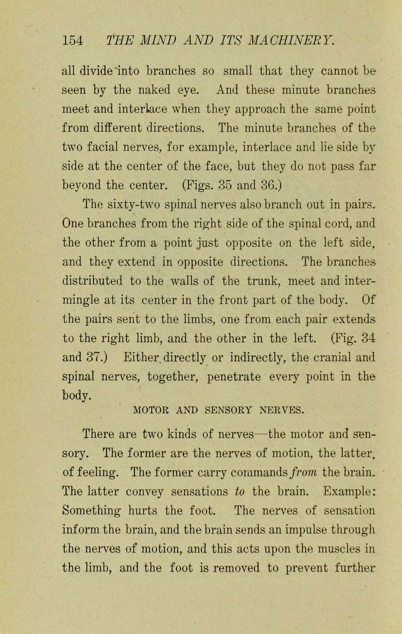 all divide‘into branches so small that they cannot be seen by the naked eye. And these minute branches meet and interlace when they approach the same point from diiferent directions. The minute branches of the two facial nerves, for example, interlace and lie side by side at the center of the face, but they do not pass far beyond the center. (Figs. 35 and 36.) The sixty-two spinal nerves also branch out in pairs. One branches from the right side of the spinal cord, and the other from a point just opposite on the left side, and they extend in opposite directions. The branches distributed to the walls of the trunk, meet and inter- mingle at its center in the front part of the body. Of the pairs sent to the limbs, one from each pair extends to the right limb, and the other in the left. (Fig. 34 and 37.) Either directly or indirectly, the cranial and spinal nerves, together, penetrate every point in the body. MOTOR AND SENSORY NERVES. There are two kinds of nerves—the motor and sen- sory. The former are the nerves of motion, the latter, of feeling. The former carry commands/rom the brain. The latter convey sensations to the brain. Example: Something hurts the foot. The neiwes of sensation inform the brain, and the brain sends an impulse through the nerves of motion, and this acts upon the muscles in the limb, and the foot is removed to prevent further