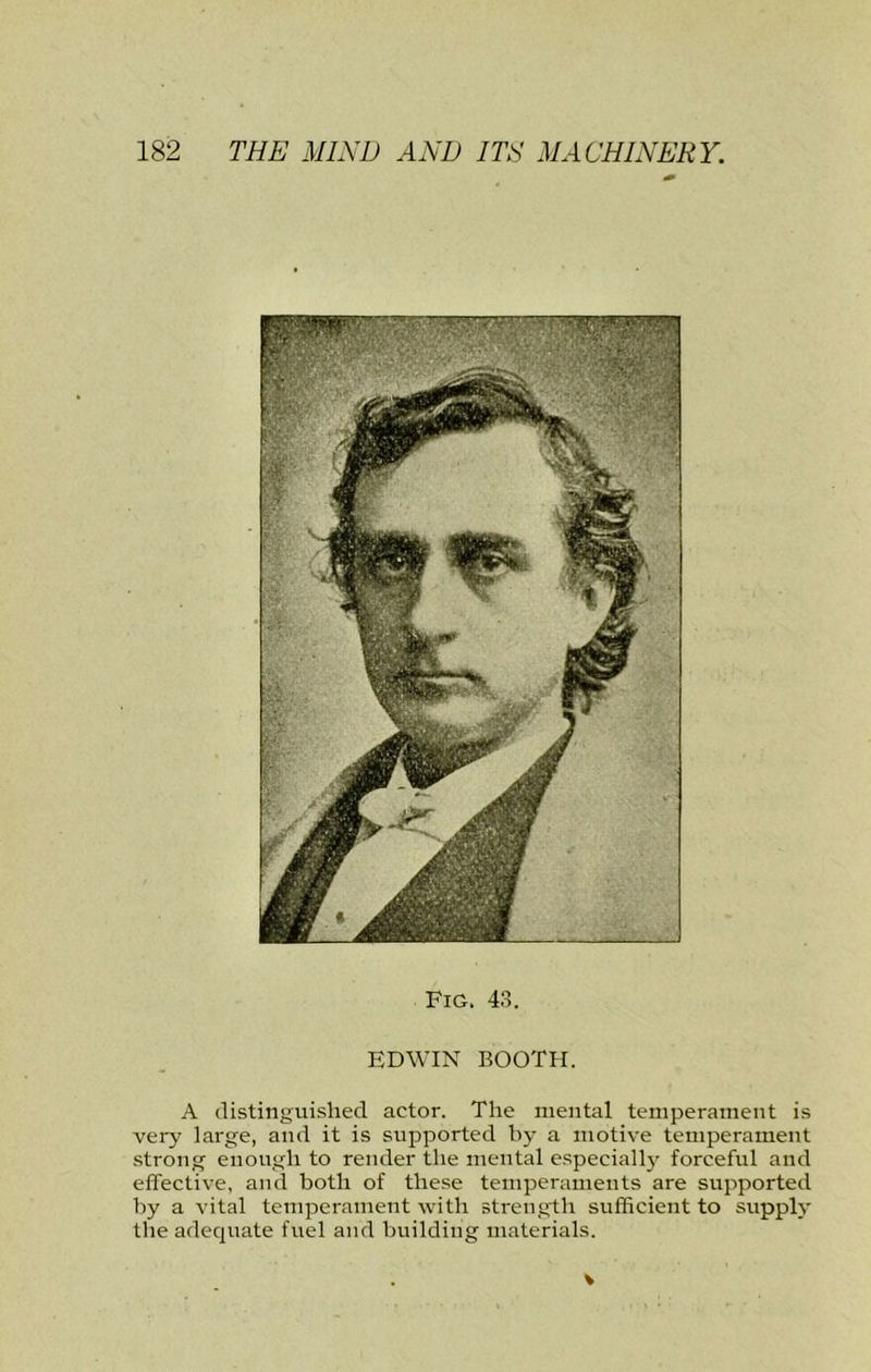 Fig. 4.S. EDWIN BOOTH. A distinguished actor. The mental temperament is very large, and it is supported by a motive temperament strong enough to render the mental especially forceful and effective, and both of these temperaments are supported by a vital temperament with strength sufficient to supply the adequate fuel and building materials. V