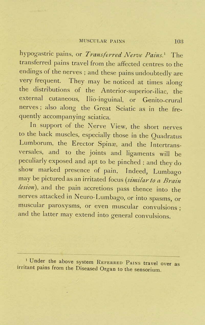 MUSCULAR PAINS 108 hypogastric pains, or Transferred Nerve Pains} The transferred pains travel from the affected centres to the endings of the nerves ; and these pains undoubtedly are very frequent, d hey may be noticed at times along the distributions of the Anterior-superior-iliac, the e.xternal cutaneous, Ilio-inguinal, or Genito-crural nerves ; also along the Great Sciatic as in the fre- quently accompanying sciatica. In support of the Nerve View, the short nerves to the back muscles, especially those in the Ouadratus Lumborum, the Erector Spinae, and the Intertrans- versales, and to the joints and ligaments will be peculiarly exposed and apt to be pinched ; and they do show marked presence of pain. Indeed^ Lumbago may be pictured as an irritated focus {similar to a Brain lesion), and the pain accretions pass thence into the nerves attacked in Neuro-Lumbago, or into spasms, or muscular paroxysms, or even muscular convulsions ; and the latter may extend into general convulsions. ' Under the above system Referred Pains travel over as irritant pains from the Diseased Organ to the sensorium.