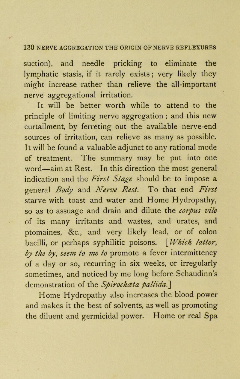 suction), and needle pricking to eliminate the lymphatic stasis, if it rarely exists ; very likely they might increase rather than relieve the all-important nerve aggregational irritation. It will be better worth while to attend to the principle of limiting nerve aggregation ; and this new curtailment, by ferreting out the available nerve-end sources of irritation, can relieve as many as possible. It will be found a valuable adjunct to any rational mode of treatment. The summary may be put into one word—aim at Rest. In this direction the most general indication and the First Stage should be to impose a general Body and Nerve Rest. To that end First starve with toast and water and Home Hydropathy, so as to assuage and drain and dilute the corptts vile of its many irritants and wastes, and urates, and ptomaines, &c., and very likely lead, or of colon bacilli, or perhaps syphilitic poisons. \Which latter, by the by, seem to me to promote a fever intermittency of a day or so, recurring in six weeks, or irregularly sometimes, and noticed by me long before Schaudinn’s demonstration of the Spiroch^ta pallidaP\ Home Hydropathy also increases the blood power and makes it the best of solvents, as well as promoting the diluent and germicidal power. Home or real Spa