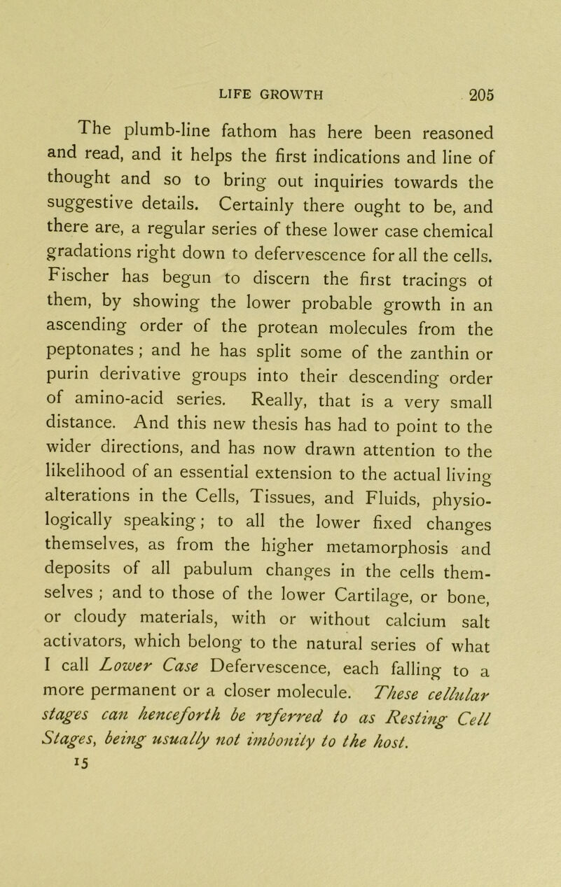 The plumb-line fathom has here been reasoned and read, and it helps the first indications and line of thought and so to bring out inquiries towards the suggestive details. Certainly there ought to be, and there are, a regular series of these lower case chemical gradations right down to defervescence for all the cells. Fischer has begun to discern the first tracings ot them, by showing the lower probable growth in an ascending order of the protean molecules from the peptonates ; and he has split some of the zanthin or purin derivative groups into their descending order of amino-acid series. Really, that is a very small distance. And this new thesis has had to point to the wider directions, and has now drawn attention to the likelihood of an essential extension to the actual livino alterations in the Cells, Tissues, and Fluids, physio- logically speaking; to all the lower fixed chano-es O themselves, as from the higher metamorphosis and deposits of all pabulum changes in the cells them- selves ; and to those of the lower Cartilage, or bone, or cloudy materials, with or without calcium salt activators, which belong to the natural series of what I call Lower Case Defervescence, each falling to a more permanent or a closer molecule. These cellular stages can henceforth be referred to as Resting Cell Stages, being tisually not imboniiy to the host. 15