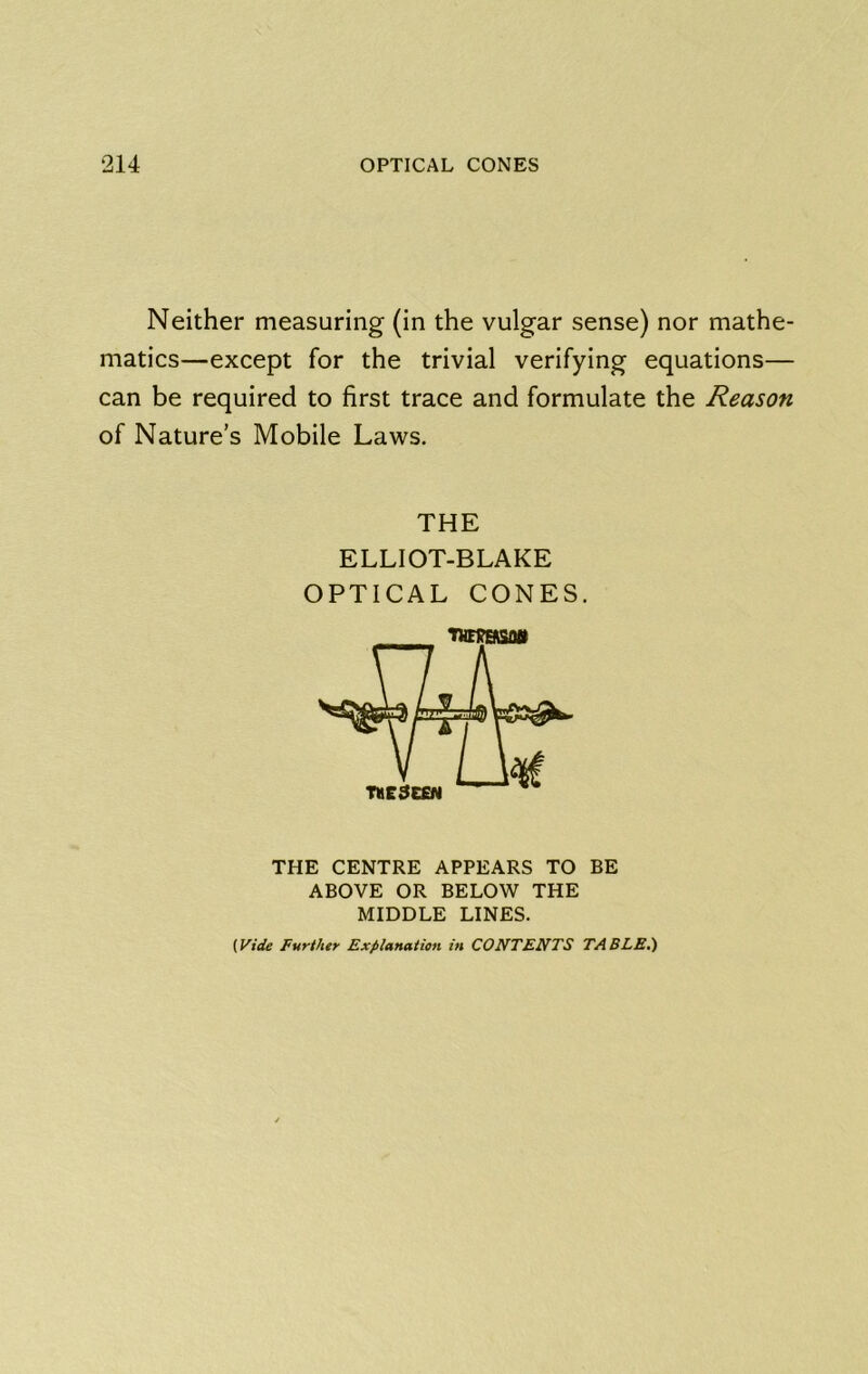 Neither measuring (in the vulgar sense) nor mathe- matics—except for the trivial verifying equations— can be required to first trace and formulate the Reason of Nature’s Mobile Laws, THE ELLIOT-BLAKE OPTICAL CONES. THE CENTRE APPEARS TO BE ABOVE OR BELOW THE MIDDLE LINES. {Vide Further Explanation in CONTENTS TABLE.)