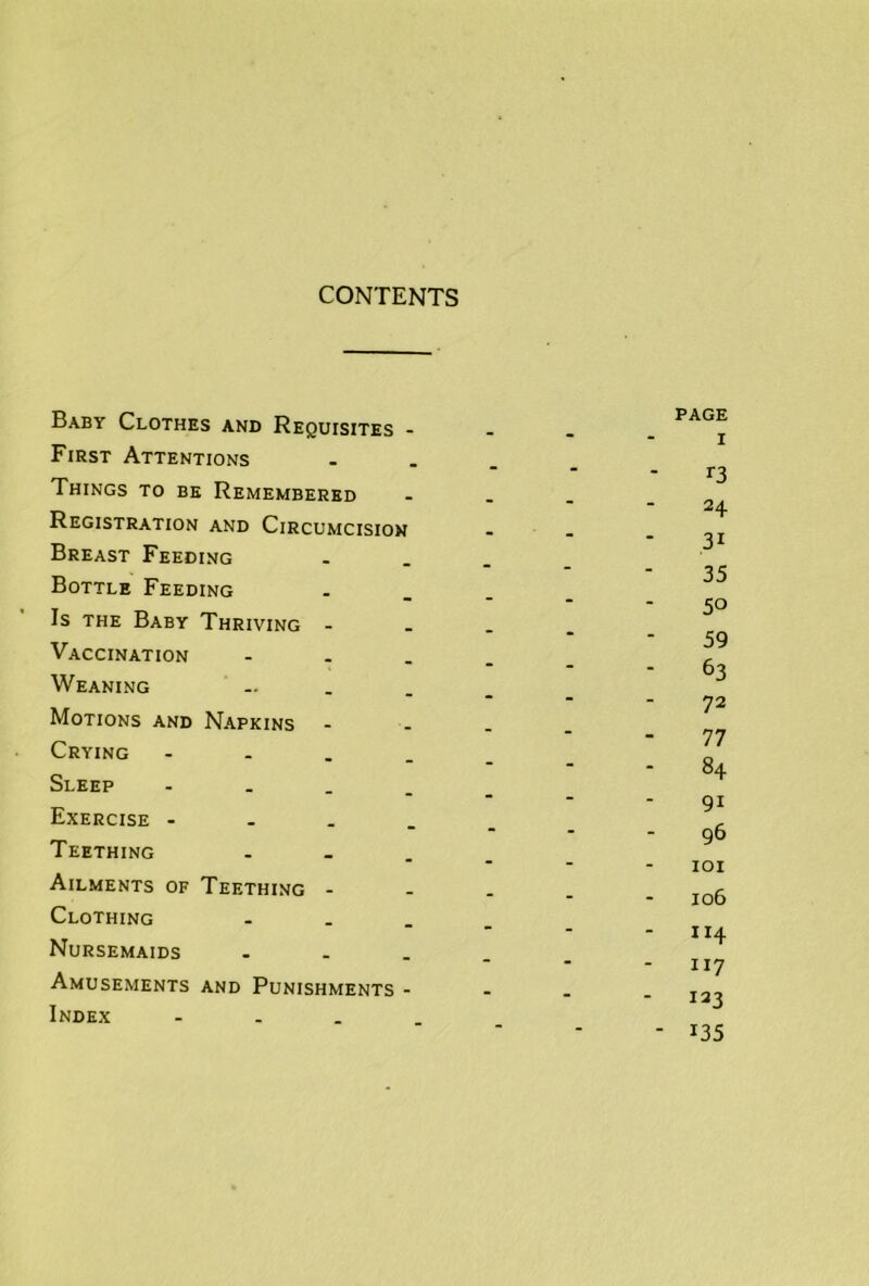 CONTENTS Baby Clothes and Requisites - First Attentions Things to be Remembered Registration and Circumcision Breast Feeding Bottle Feeding Is the Baby Thriving - Vaccination - . . Weaning - . . Motions and Napkins - Crying - - . . Sleep - . . . Exercise - - . . Teething - - . Ailments of Teething - Clothing - . . Nursemaids . . . Amusements and Punishments - Index - . . , page I t3 24 31 35 50 59 63 72 77 - 84 91 96 lOI 106 - ”4 - 117 123 - 135