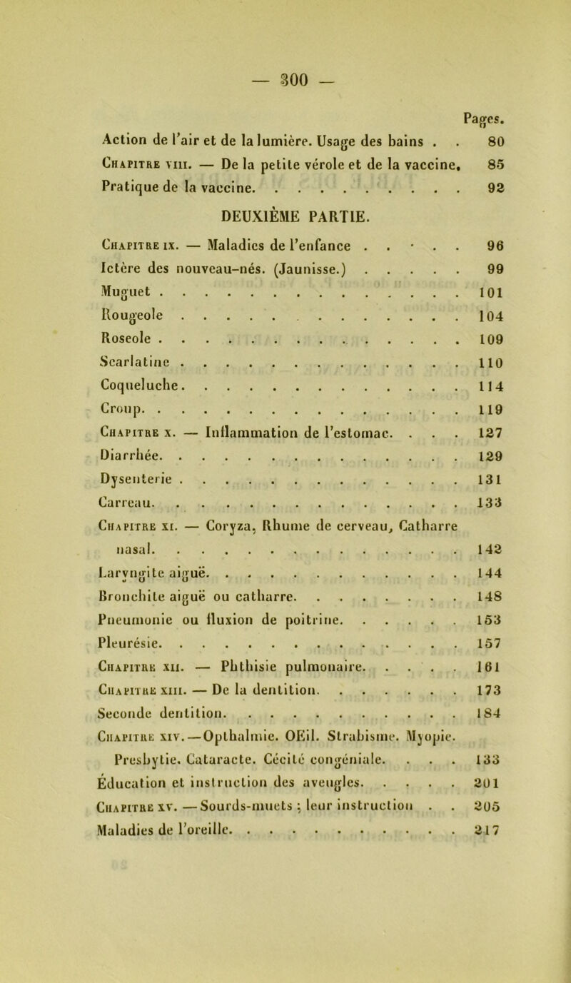 Pages. Action de l’air et de la lumière. Usage des bains . . 80 Chapitre viii. — De la petite vérole et de la vaccine, 85 Pratique de la vaccine 92 DEUXIÈME PARTIE. Chapitre i.v. — Maladies de l’enfance . . ■ . . 96 Ictère des nouveau-nés. (Jaunisse.) 99 Muguet 101 Rougeole 104 Roseole 109 Scarlatine 110 Coqueluche 114 Croup 119 Chapitre x. — lullammation de l’estornac. . . . 127 Diarrhée 129 Dysenterie 131 Carreau 133 Chapitre xi. — Coryza, Rhume de cerveau, Catharre nasal 142 Laryngite aiguë 144 Bronchite aiguë ou catharre 148 Pneumonie ou Iluxion de poitrine 153 Pleurésie 157 Chapitre xii. — Phthisie pulmonaire. . . . 161 Chapitre xiii. — De la dentition 173 Seconde dentition 184 Chapitre xiv.—Oplhalmic. OPiil. Strabisme. Myopie. Presbytie. Cataracte. Cécité congéniale. . . . 133 Éducation et instniclion des aveugles 201 Chapitre XV.—Sourds-muets ; leur instrucliou . . 205 Maladies de l’oreille 217