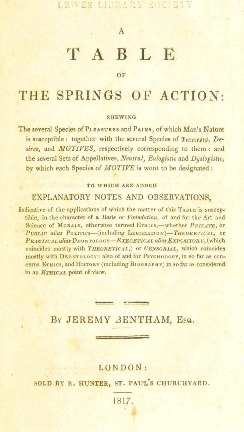 A <1 TABLE OF THE SPRINGS OF ACTION: SHEWING The several Species of Pleasures and Pains, of which Man’s Nature is susceptible : together with the several Species of Interest?, De- sires, and MOTIVES, respectively corresponding to them : and the several Sets of Appellatives, Neutral, Eulogistic and Dyslogistic, by which each Species of MOTIVE is wont to be designated : TO WHICH ARE ADDEO EXPLANATORY NOTES AND OBSERVATIONS, Indicative of the applications of which the matter of this Table is suscep- tible, in the character of a Basis or Foundation, of and for the Art and Science of Morals, otherwise termed Ethics,—whether Private, or Public alias Politics—(including Legislation)—Theoretical, or Practical alias Deontology—Exegetical alias Expository, (which coincides mostly with Theoretical,) or Censorial, which coincides mostly with Deontology : also of and for Psychology, in so far as con- cerns Ethics, and History (including Biography) in so far as considered in an Ethical point of view. By JEREMY BENTHAM, Esa. LONDON: SOLD BY R. HUNTER, ST. PAUL’S CHURCHYARD. 1817.