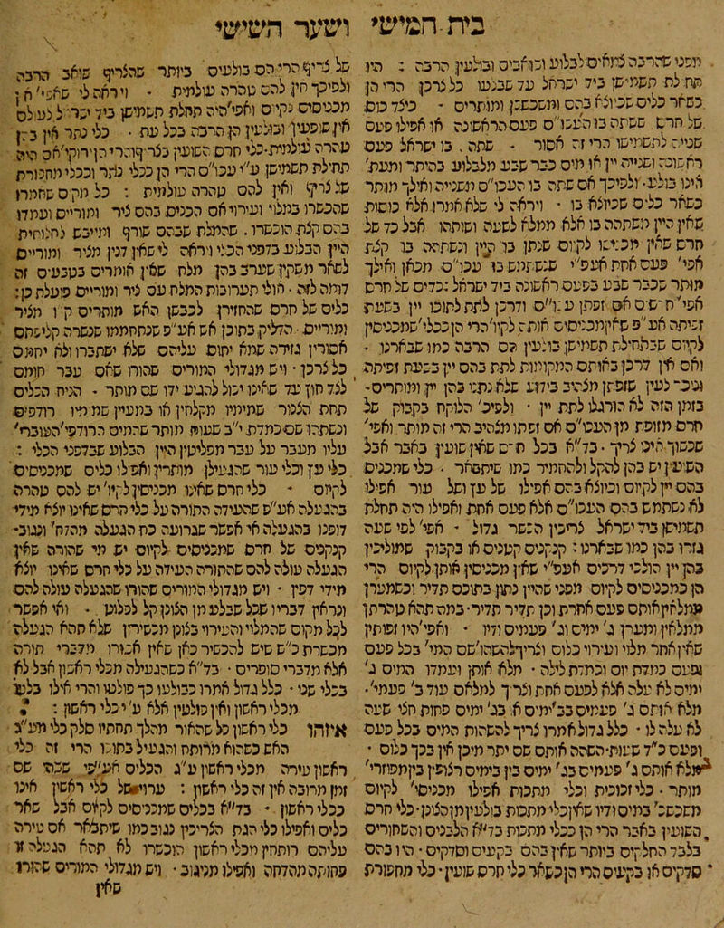 ו ־• ■בית־ חמוש• הסט שהרבה צמאיס לבלוע וכואבים וגולעין הרבה : היו הרז; לת תשמישן כיל ישרחל ע7 שכנעו כל צרכן הריהן כשאר.כליס שכיוצא בהם ומשכשנן. ותותריס - כיצד כוס .של חרש ששתה בו ה עכו ס פעם הראשונה או אפילו סעס שכייה לתשמישו הרי זה אסור - שתה. כו ישראל סעס ראשונה ושנייה יין או מיס נבר שבע מלבלוע בהיתר ומעת' אינו בולע־ ולפיכך אס שתה בוהעכו״ס משנייה ואילך מותר כשאר כלים שכיוצא בו י ויראה לי שלא אמרו אלא כוסות שאין היין משתהה בו אלא תמלא לשעה ושותהו אבל כד של חרש שאין ת כ:ישו לקיום שנתן בו היין ונשתהה בו קצת אפי׳ פעסאחתאעפ״י שנשתמש בו עכו ס מכאן ואילך הותר שכבר שבע בפעס ראשונה ביד ישראל:כדים של חרש אפי׳ח־ש־סאס זפתןע:ו״ם ו7רכן לתת לתוכו יין בשעת זכיתה אע״פ שאיןתכניסיס אותה לקיו'הרי הןככלי׳שמכניסין לקיום שבתחילת תשמישן. בונעין הס הרבה כמו שבארנו - ואס אין דרכן באותם המקומות לתת בהס יין בשעת ז פיתה וניכה לעין שזפתן מצהיב בידושג שלא נתנו כהן יין ומותרים י בזמן הזה לא הורגלו לתת יין • ולשיל הלוקח בקבוק של חרם מזופת מןהעכו״ס אס זפתו מצהיב הרי זה מותר ואפי' שכשוך חינו צריך • בד״א בכל ת ־ס שאין שועי! באבר אבל השען יש בהן להקל ולהחמיר כתו שיתבאר • כלי שמכניס בהם יין לקיום וכיוצא בהם אפילו של עץ ושל עור אפילו לא נשתמש בהם העכו״ס אלא סעס אחת ואפילו היה תחלת תשמישן ביד ישראל צריכין הכשר גדול י אפי׳ לפי שעה נזרו בהן כמו שבארנו י קנקנים קטנים או בקבוק• שמוליכין בהן יין הולכי דרכיס אעפ״י שאץ מככיסין אותן־לקיוס הרי הן כמכניסיס לקיום מפני שהיין נתון בתוכס תדיר וכשמערן ממלאיןאותס פעם אחרת וכן תדיר תדיר• במט תהא טהרתן מתלאין ומעין ג׳ ימים וג׳ פעמים ודיו • ואפי׳היו זפותין שאיןאחר תלוי ועירוי כלום וצריךלהשהו׳שס המי׳ בכל סעס ופעם כתדת יום וכמזתלילה • מלא אותן ועמדו המיס ג' ימים לא עלה אלא לפעם אחת וצריך למלאם עוד ב׳ פעמי'• מלא אותם ג׳ פעמים בב׳ימיס א בג׳ ימים פחות חצי שעה לא עלה לו י כלל גדול אמרו צריך להשהות המיס בכל פעם ופעם לד שעות• השהה אותם שם יתר מיכן אין בכך כלום • *מלא אותם ג' פעמים בג' ימים בין בימים רצופין בקתסוזרי' מותר • כלי זכוכית וכלי מתכות אפילו מכניסי׳ לקיוס חשכש:' במים ודיו שאיןכלי מתכות בולפיןמןהצונן-כל' חרת ,השועין באבר הרי הן ככלי מתכות בלא הלבנים והשחוריס בלבד החל קים ביותר שאין בהם בקעים וסדקים • הי ו בהם * סלקיס אן כקעיס הרי הן כשאר כצי חרס שועין • כלי מחפורת ושער השישי של ציין* הרי הס בולעים ביותר שהצריך שואב הרבה ולפיכך חין להם טהרה עולמית * וי ראה לי שאפי׳ ח ן מכניסים נקיים ואפי׳היה תחלת תשמישן ביד ישי'ל צע לס איןשופעין ובולעין הן הרכה בכל עת • כלי נתר אין 73* טהרה עולמית-נלי חרס השועק נצר־ףונריהךחקי׳אס היה תחילת תשמישן ע״יעכו״סהרי הן ככלי נא ר וככלי מחכירת של־ צי?׳* ואין להם טהרה עולמית : כל מק ס שאמח שהכשר! במלוי ועירוי אס הכניס בהם ציר ומורייס ועמדו בהם קצת הוכשרו . שהמלח שבהם שורך ומייבש לחנוחית היין הבליע בדהני הכלי וראה לי שאין דנין מציר ומוריים לשאר משקץ שערב בהן מלח שאין אומרים בטבע־ס זה דומה לוה • חולי תערובות המלח עס ציר ומורייס פועלת כן: כלים של חרם שהחזירן לכבשן האש מותרים ק ו חציר ימורייס • הדליק, בתוכן אש אע״פ שנתחתחו שנשרה קליפתם אסרין גזירה שמא יתום עליהם שלא ישתכרו ולא יחמם י כל צרכן• ויש מגדולי התורים שהורו שאס עבר חומס י לצד חוץ עד שאינו יכול להגיע ידו שם מותר י הניח הכלים תחת הצנור שמימיו מקלחין או במעיין שמימיו רודפ׳ם ונשתהו שסכמדת י״ב שעות תותר שהמיס ה רודפי׳העוברי' עליו מעבר על עבר תפליטין היין הבלוע שבדפני הכלי : כלי עץ וכלי עור שהגעילן מותרין ואפילו כליס שמכניסים' לקיום * כלי חרס שאינו תכניסין לקיו׳ יש להם טהרה בהגעלה אע״ס שהעידה התורה על כלי הי־ס שאינו יוצא מידי דופנו בהגעלה אי אפשר שגרועה כח הגעלה מה7ח׳' ונגובי קנקנים של חרם שמכניסים לקיום יש מי שהורה שאין הגעלה עולה להם שהתורה העידה על כלי חרס שאינו יוצרן מידי דפין י ויש מגדולי המורים שהורו שהגעלה עולה להם ונראץ דבריו שכל שבלע מן הצונן קל לפלוט . י ואי אפשר לכל מקום שהמלוי והעירוי בצונן תכשיר־ ן פלא תהא הגעלה מכשרת כ״ש שיש להכשיר כאן שאץ אבויו מדברי תורה אלא מדברי סופרים • בד״א כשהגעילה מכלי ראשון אבל לא בכלי שכי • כלל גדול אתרו כבולעו כך פולטו והרי אילו בלעו מכלי ראשון ואין כזלטץ אלא ע' י כלי ראשו!: • איזהו כלי ראשון כל שהאור מהלך תחתיו סלק כלי מ־ע״ג האש כשהוא מאותה והגעיל בתונו הרי זה כלי ראשון עירה מכלי ראשון ע״ג הכלים אע״פי שכהי שס זמן מרובה אין זה כלי ראשון : ערוי*של כלי ראשיו אינו ככלי ראשון * כלא בכלים שתכניסיס לק^וס אבל שאר כלים ואפילו כלי הגת הצריכץ נגובכמו שיתלאר אס עירה עליהם רותחץ מכלי ראשון הוכשרו לא תהא הגעלה זו החותה מהדחה ואפילו מניגוב • ויש מגדולי המורים שהות