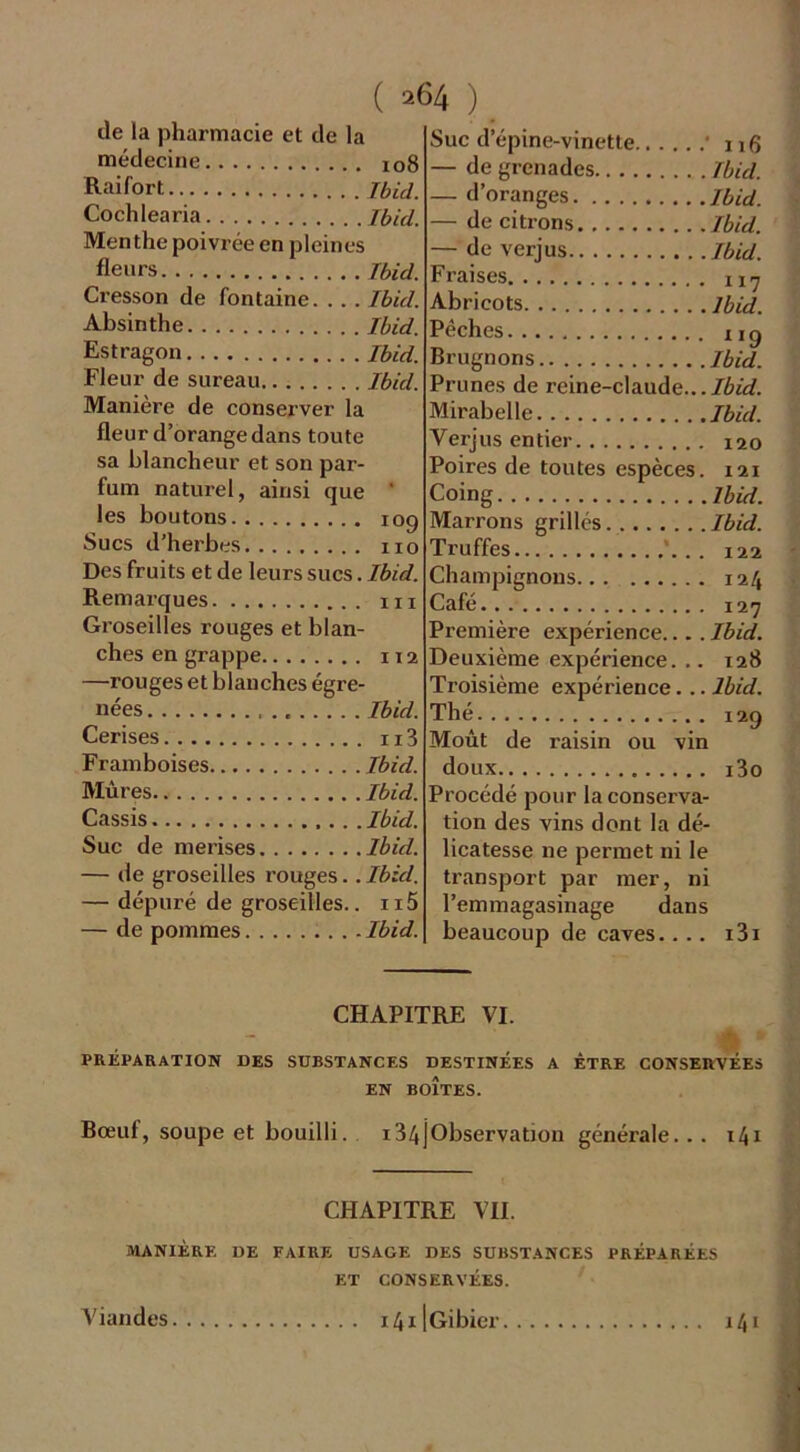 de la pharmacie et de la médecine 108 Raifort Ibid. Cochlearia Ibid. Menthe poivrée en pleines fleurs Ibid. Cresson de fontaine. . . . Ibid. Absinthe Ibid. Estragon Ibid. Fleur de sureau Ibid. Manière de conserver la fleur d’orange dans toute sa blancheur et son par- fum naturel, ainsi que ' les boutons 109 Sucs d’herbes no Des fruits et de leurs sucs. Ibid. Remarques ni Groseilles rouges et blan- ches en grappe 112 —rouges et blanches égre- nées Ibid. Cerises n3 Framboises Ibid. Mûres Ibid. Cassis Ibid. Suc de merises Ibid. — de groseilles rouges.. Ibid. — dépuré de groseilles.. n5 — de pommes Ibid. Suc d’épine-vinette 1 n 6 — de grenades Ibid. — d’oranges Ibid. — de citrons Ibid. — de verjus Ibid. Fraises 117 Abricots Ibid. Pêches n g Brugnons Ibid. Prunes de reine-claude...Ibid. Mirabelle Ibid. Verjus entier 120 Poires de toutes espèces. 121 Coing Ibid. Marrons grillés Ibid. Truffes ’. . . 122 Champignons 124 Café 127 Première expérience... . Ibid. Deuxième expérience. .. 128 Troisième expérience... Ibid. Thé 12g Moût de raisin ou vin doux i3o Procédé pour la conserva- tion des vins dont la dé- licatesse ne permet ni le transport par mer, ni l’emmagasinage dans beaucoup de caves.... i3i CHAPITRE VI. PRÉPARATION DES SUBSTANCES DESTINÉES A ÊTRE CONSERVÉES EN BOÎTES. Bœuf, soupe et bouilli. i34jObservation générale... 141 CHAPITRE VH. MANIÈRE DE FAIRE USAGE DES SUBSTANCES PRÉPARÉES ET CONSERVÉES. i4i|Gibier 141 Viandes