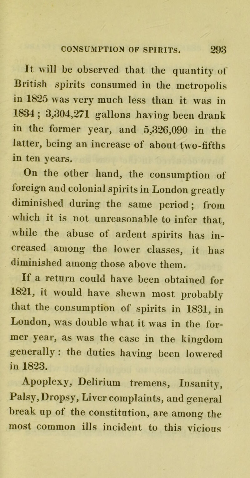 It will be observed that the quantity of British spirits consumed in the metropolis in 1825 was very much less than it was in 1834 ; 3,304,271 gallons having been drank in the former year, and 5,326,090 in the latter, being an increase of about two-fifths in ten years. On the other hand, the consumption of foreign and colonial spirits in London greatly diminished during the same period; from which it is not unreasonable to infer that, while the abuse of ardent spirits has in- creased among the lower classes, it has diminished among those above them. If a return could have been obtained for 1821, it would have shewn most probably that the consumption of spirits in 1831, in Loudon, was double what it was in the for- mer year, as was the case in the kingdom generally : the duties having been lowered in 1823. Apoplexy, Delirium tremens. Insanity, Palsy, Dropsy, Liver complaints, and general break up of the constitution, are among the most common ills incident to this vicious