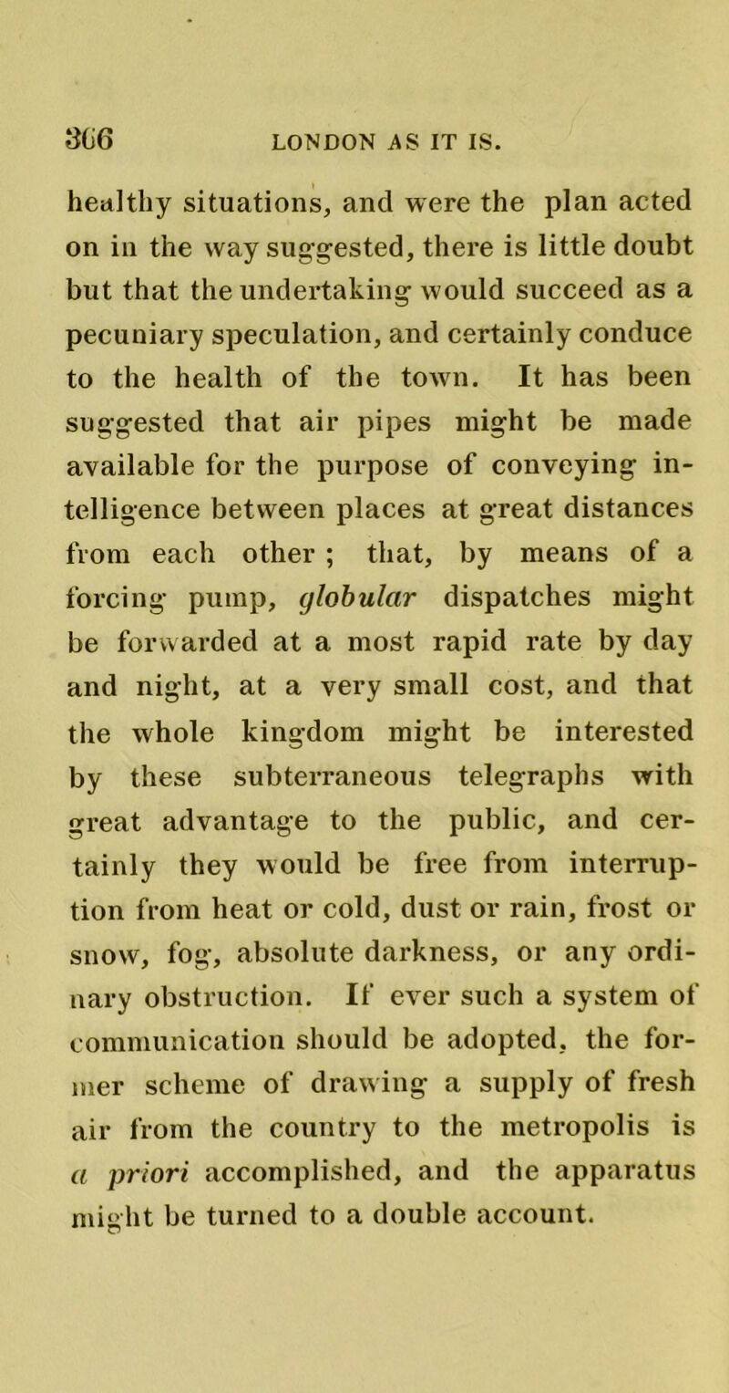 healthy situations, and were the plan acted on in the way suggested, there is little doubt but that the undertaking would succeed as a pecuniary speculation, and certainly conduce to the health of the toAvn. It has been suggested that air pipes might be made available for the purpose of conveying in- telligence between places at great distances from each other ; that, by means of a forcing pump, globular dispatches might be forwarded at a most rapid rate by day and night, at a very small cost, and that the whole kingdom might be interested by these subterraneous telegraphs with great advantage to the public, and cer- tainly they would be free from interrup- tion from heat or cold, dust or rain, frost or snow, fog, absolute darkness, or any ordi- nary obstruction. If ever such a system of communication should be adopted, the for- mer scheme of drawing a supply of fresh air from the country to the metropolis is a priori accomplished, and the apparatus might be turned to a double account.