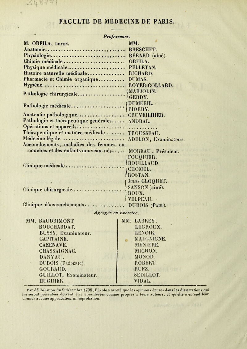 FACULTÉ DE MÉDECINE DE PARIS. Professeurs. M. ORFILA, doyen. Anatomie Physiologie Chimie médicale Physique médicale Histoire naturelle médicale Pharmacie et Chimie organique Hygiène. Pathologie chirurgicale Pathologie médicale Anatomie pathologique Pathologie et thérapeutique générales Opérations et appareils Thérapeutique et matière médicale Médecine légale Accouchements, maladies des femmes en couches et des enfants nouveau-nés Clinique médicale MM. BRESCHET. BÉRARD (aîné). ORFILA. PELLETAN. RICHARD. DUMAS. ROYER-COLLARD. (MARJOL1N. (GERDY. i DUMÉRIL. jPÏORRY. CRUVEILHIER. ANDRAL. TROUSSEAU. ADELON, Examinateu MOREAU , Président. [ FOUQUIER. jBOUILLAUD. CHOMEL. ROSTAN. fv Clinique chirurgicale, Clinique d’accouchements ( Jules CLOQUET. J SANSON (aîné), j ROUX. ! VELPEAU. DUBOIS (Paul). Agrégés en exercice. MM. BAUDRIMONT BOUCHARDAT. BUSSY, Examinateur. CAPITAINE. CAZENAVE. CHASSAIGNAC. DANYAU. DUBOIS (Frédéric). GOURAUD. GU ILLOT, Examinateur. HUGUIER. MM. LARREY. LEGROUX. LENOIR. MALGA1GNE. MÉN1ÈRE. M1CHON. MONOD. ROBERT. RUFZ. SÉDILLOT. VIDAL. l’ar délibération du 9 décembre 1798, l’École a arrêté que les opinions émises dans les dissertations qni lui seront présentées doivent être considérées comme propres à leurs auteurs, et qu’elle n’en'cnd leur donner aucune approbation ni improbation.