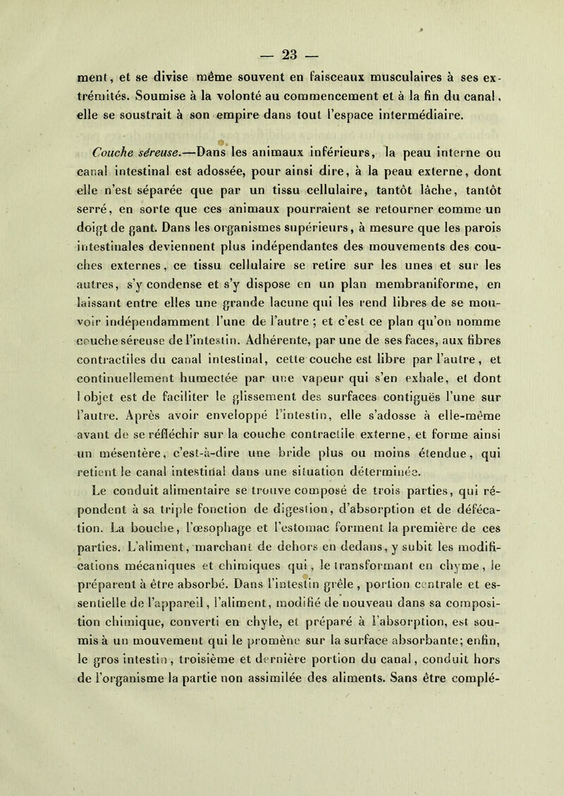 ment, et se divise même souvent en faisceaux musculaires à ses ex- trémités. Soumise à la volonté au commencement et à la lin du canal, elle se soustrait à son empire dans tout l’espace intermédiaire. Couche séreuse.—Dans les animaux inférieurs, la peau interne ou canal intestinal est adossée, pour ainsi dire, à la peau externe, dont elle n’est séparée que par un tissu cellulaire, tantôt lâche, tantôt serré, en sorte que ces animaux pourraient se retourner comme un doigt de gant. Dans les organismes supérieurs, à mesure que les parois intestinales deviennent plus indépendantes des mouvements des cou- ches externes, ce tissu cellulaire se retire sur les unes et sur les autres, s’y condense et s’y dispose en un plan membraniforme, en laissant entre elles une grande lacune qui les rend libres de se mou- voir indépendamment l’une de l’autre ; et c’est ce plan qu’on nomme couche séreuse de l’intestin. Adhérente, par une de ses faces, aux fibres contractiles du canal intestinal, cette couche est libre par l’autre, et continuellement humectée par une vapeur qui s’en exhale, et dont 1 objet est de faciliter le glissement des surfaces contiguës l’une sur l’autre. Après avoir enveloppé l’intestin, elle s’adosse à elie-mème avant de se réfléchir sur la couche contractile externe, et forme ainsi un mésentère, c’est-à-dire une bride plus ou moins étendue, qui retient le canal intestinal dans une situation déterminée. Le conduit alimentaire se trouve composé de trois parties, qui ré- pondent à sa triple fonction de digestion, d’absorption et de déféca- tion. La bouche, l’œsophage et l’estomac forment la première de ces parties. L’aliment, marchant de dehors en dedans, y subit les modifi- cations mécaniques et chimiques qui, le transformant en chyme, le préparent à être absorbé. Dans l’intestin grêle , portion centrale et es- sentielle de l’appareil, l’aliment, modifié de nouveau dans sa composi- tion chimique, converti en chyle, et préparé à i’absorption, est sou- mis à un mouvement qui le promène sur la surface absorbante; enfin, le gros intestin, troisième et dernière portion du canal, conduit hors de l’organisme la partie non assimilée des aliments. Sans être complé-