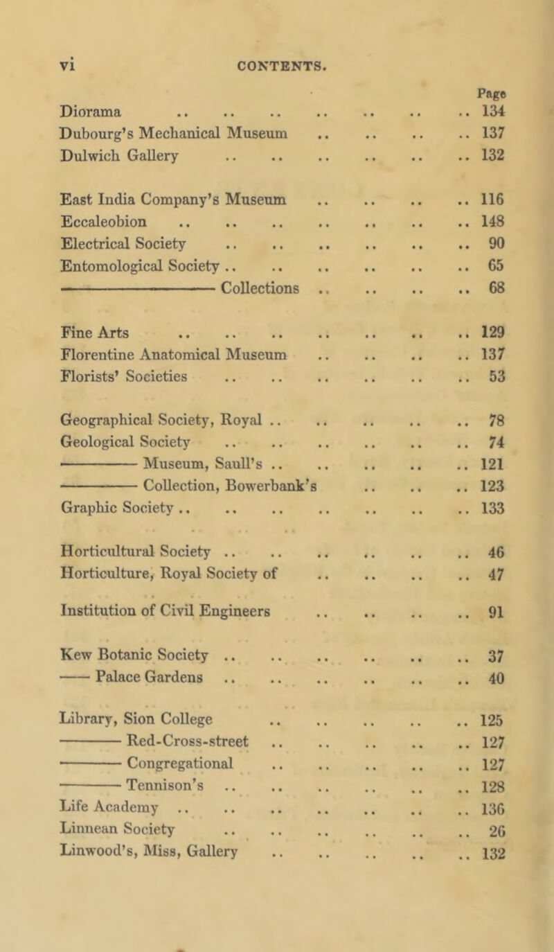 Page Diorama .. 134 Dubourg’s Mechanical Museum .. 137 Dulwich Gallery .. 132 East India Company’s Museum .. 116 Eccaleobion .. 148 Electrical Society .. 90 Entomological Society .. 65 Collections .. .. 68 Fine Arts .. 129 Florentine Anatomical Museum .. 137 Florists’ Societies .. 53 Geographical Society, Royal .. .. 78 Geological Society .. 74 • Museum, Saull’s .. .. 121 Collection, Bowerbank’s .. 123 Graphic Society .. 133 Horticultural Society .. .. 46 Horticulture, Royal Society of .. 47 Institution of Civil Engineers .. 91 Kew Botanic Society .. 37 Palace Gardens .. 40 Library, Sion College .. 125 Red-Cross-street .. 127 • Congregational .. 127 • Tennison’s .. 128 Life Academy .. 136 Linnean Society .. 26 Linwood’s, Miss, Gallery .. 132