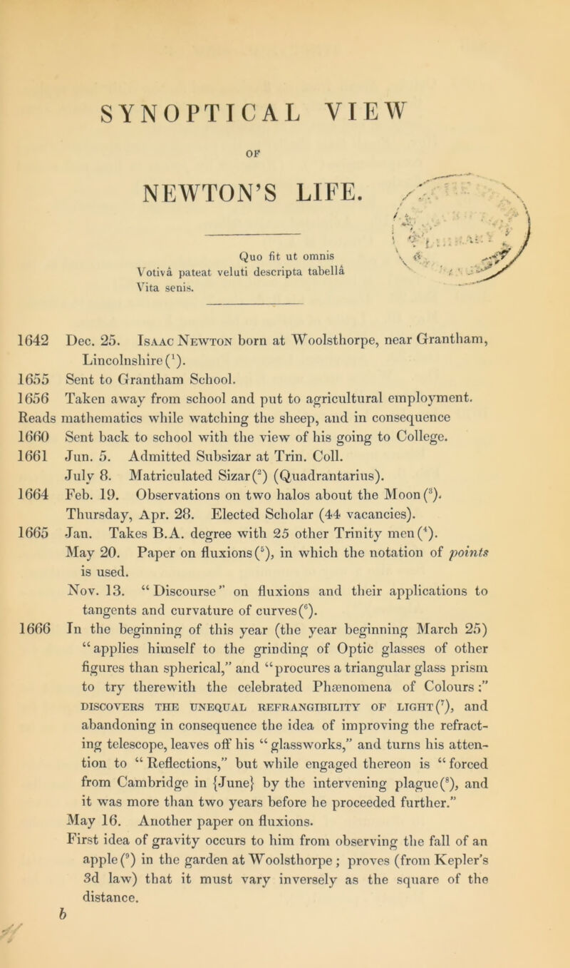 SYNOPTICAL VIEW OF NEWTON’S LIFE. Quo fit ut omnis Votiva pateat veluti descripta tabella Vita senis. 1642 Dec. 25. Isaac Newton born at Woolsthorpe, near Grantham, Lincolnshire ('). 1655 Sent to Grantham School. 1656 Taken away from school and put to agricultural employment. Reads mathematics while watching the sheep, and in consequence 1660 Sent back to school with the view of his going to College. 1661 Jun. 5. Admitted Subsizar at Trin. Coll. July 8. Matriculated Sizar(2) (Quadrantarius). 1664 Feb. 19. Observations on two halos about the Moon(:l)« Thursday, Apr. 28. Elected Scholar (44 vacancies). 1665 Jan. Takes B.A. degree with 25 other Trinity men(4). May 20. Paper on fluxions (5), in which the notation of points is used. Nov. 13. “Discourse” on fluxions and their applications to tangents and curvature of curves(6). 1666 In the beginning of this year (the year beginning March 25) “applies himself to the grinding of Optic glasses of other figures than spherical,” and “procures a triangular glass prism to try therewith the celebrated Phenomena of Colours DISCOVERS THE UNEQUAL REFRANGIBILITY OF LIGHT (7), and abandoning in consequence the idea of improving the refract- ing telescope, leaves off his “ glassworks,” and turns his atten- tion to “ Reflections,” but while engaged thereon is “ forced from Cambridge in {June} by the intervening plague (8), and it was more than two years before he proceeded further.” May 16. Another paper on fluxions. First idea of gravity occurs to him from observing the fall of an apple (9) in the garden at Woolsthorpe; proves (from Kepler’s 3d law) that it must vary inversely as the square of the distance. b