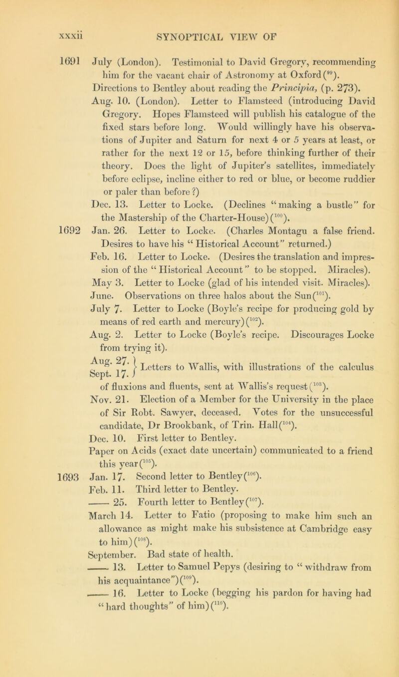 1691 July (London). Testimonial to David Gregory, recommending him for the vacant chair of Astronomy at Oxford (). Directions to Bentley about reading the Principia, (p. 273). Aug. 10. (London). Letter to Flamsteed (introducing David Gregory. Hopes Flamsteed will publish his catalogue of the fixed stars before long. Would willingly have his observa- tions of Jupiter and Saturn for next 4 or 5 years at least, or rather for the next 12 or 15, before thinking further of their theory. Does the light of Jupiter’s satellites, immediately before eclipse, incline either to red or blue, or become ruddier or paler than before ?) Dec. 13. Letter to Locke. (Declines “making a bustle” for the Mastership of the Charter-House) (10°). 1692 Jan. 26. Letter to Locke. (Charles Montagu a false friend. Desires to have his “ Historical Account” returned.) Feb. 16. Letter to Locke. (Desires the translation and impres- sion of the “ Historical Account ” to be stopped. Miracles). May 3. Letter to Locke (glad of his intended visit. Miracles). June. Observations on three halos about the Sun(101). July 7- Letter to Locke (Boyle’s recipe for producing gold by means of red earth and mercury) (102). Aug. 2. Letter to Locke (Boyle’s recipe. Discourages Locke from trying it). i Letters to Wallis, with illustrations of the calculus Sept. 17. J of fluxions and fluents, sent at Wallis’s request (103). Nov. 21. Election of a Member for the University in the place of Sir Robt. Sawyer, deceased. Votes for the unsuccessful candidate, Dr Brookbank, of Trin. Hall(104). Dec. 10. First letter to Bentley. Paper on Acids (exact date uncertain) communicated to a friend this year(105). 1693 Jan. 17- Second letter to Bentley (106). Feb. 11. Third letter to Bentley. 25. Fourth letter to Bentley (107). March 14. Letter to Fatio (proposing to make him such an allowance as might make his subsistence at Cambridge easy to him)(108). September. Bad state of health. 13. Letter to Samuel Pepys (desiring to “ withdraw from his acquaintance”) (10<l)* 16. Letter to Locke (begging his pardon for having had “hard thoughts” of him)(uo).