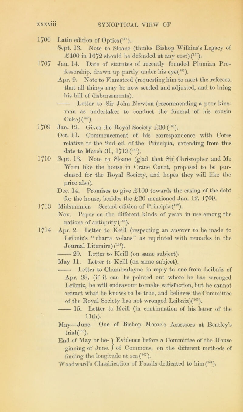 1706 Latin edition of Optics(15G). Sept. 13. Note to Sloanc (thinks Bishop Wilkins’s Legacy of £400 in 1072 should be defended at any cost)(157). 1707 Jan. 14. Date of statutes of recently founded Plumian Pro- fessorship, drawn up partly under his eye(158). Apr. 9. Note to Flamsteed (requesting him to meet the referees, that all things may he now settled and adjusted, and to bring his bill of disbursements). Letter to Sir John Newton (recommending a poor kins- man as undertaker to conduct the funeral of his cousin Coke) (I5D). 1709 Jan. 12. Gives the Royal Society £20 (1C0). Oct. 11. Commencement of his correspondence with Cotes relative to the 2nd ed. of the Principia, extending from this date to March 31, 1713(J61). 1710 Sept. 13. Note to Sloane (glad that Sir Christopher and Mr Wren like the house in Crane Court, proposed to be pur- chased for the Royal Society, and hopes they will like the price also). Dec. 14. Promises to give £100 towards the easing of the debt for the house, besides the £20 mentioned Jan. 12, 1709. 1713 Midsummer. Second edition of Principia(162). Nov. Paper on the different kinds of years in use among the nations of antiquity (lc3). 1714 Apr. 2. Letter to Keill (respecting an answer to be made to Leibniz’s “charta volans” as reprinted with remarks in the Journal Literaire) (164). 20. Letter to Keill (on same subject). May 11. Letter to Keill (on same subject). Letter to Chamberlayne in reply to one from Leibniz of Apr. 28, (if it can be pointed out where he has wronged Leibniz, he will endeavour to make satisfaction, but he cannot retract what he knows to be true, and believes the Committee of the Royal Society has not wronged Leibniz)(lc5). 15. Letter to Keill (in continuation of his letter of the lltli). May—June. One of Bishop Moore’s Assessors at Bentley’s trial (166). End of May or be- 1 Evidence before a Committee of the House ginning of June. J of Commons, on the different methods of finding the longitude at sea(1f'7). Woodward’s Classification of Fossils dedicated to him(168).