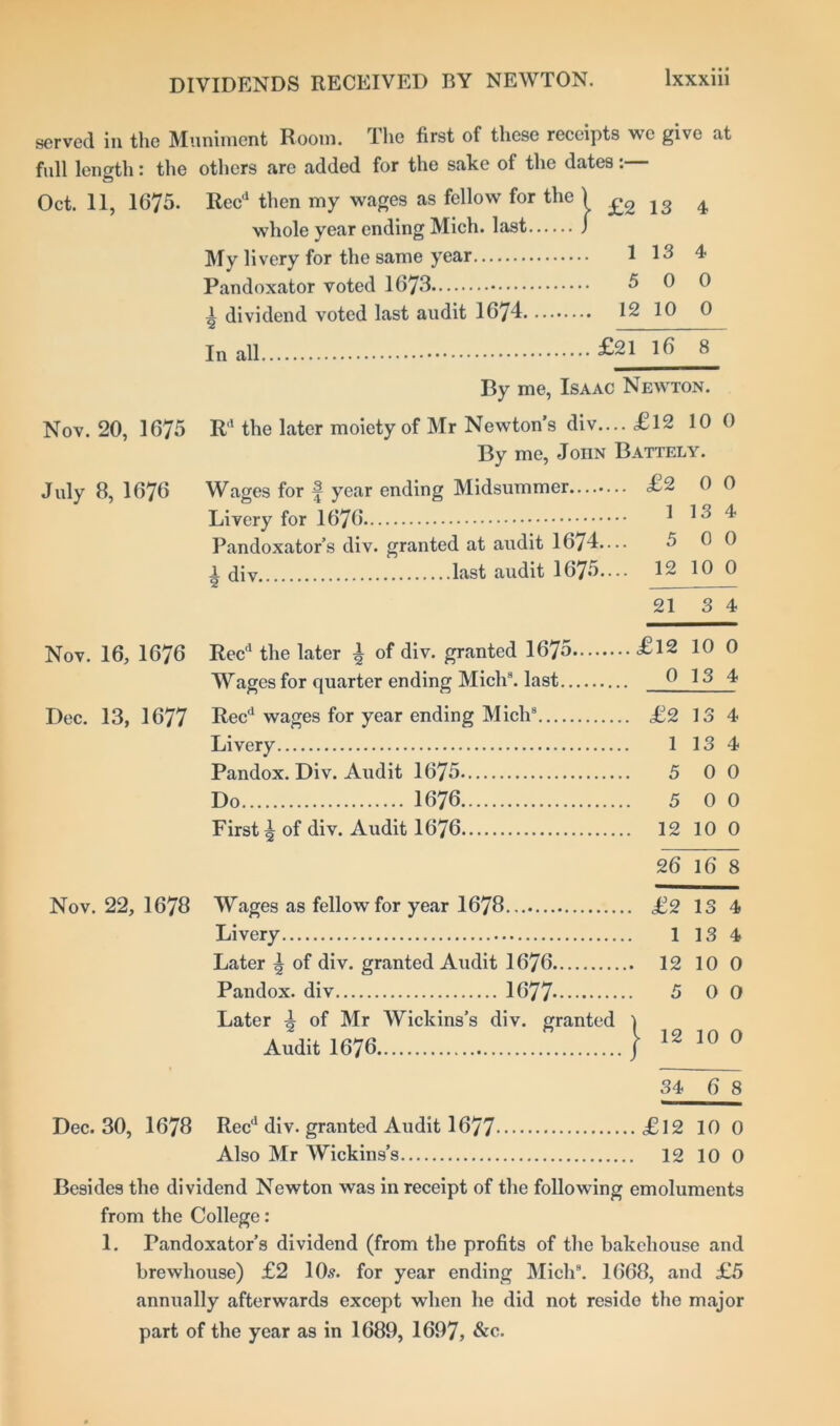 DIVIDENDS RECEIVED BY NEWTON. served in the Muniment Room. The first of these receipts we give at full length: the others are added for the sake of the dates © Oct. 11, 1675. Recd then my wages as fellow for whole year ending Mich. last.. My li very for the same year i dividend voted last audit 1674 12 10 0 In all £&1 16 July 8, 1676 Livery for 1676. Pandox. Div. Audit 1675. Do 1676. Audit 1676. £2 13 4 1 13 4 5 0 0 12 10 0 !21 16 8 : Newton. .. £12 10 0 Battely. .. £2 0 0 1 13 4 5 0 0 .. 12 10 0 21 3 4 ...£12 10 0 0 13 4 ... £2 13 4 1 13 4 0 0 5 0 0 ... 12 10 0 26 16 8 ... £2 13 4 13 4 ... 12 10 0 5 0 0 [ | 12 10 0 34 6 8 ... £12 10 0 10 0 Besides the dividend Newton was in receipt of the following emoluments from the College: 1. Pandoxator’s dividend (from the profits of the bakehouse and brewhouse) £2 10.?. for year ending Mich9. 1668, and £5 annually afterwards except when he did not reside the major part of the year as in 1689, 1697, &c.