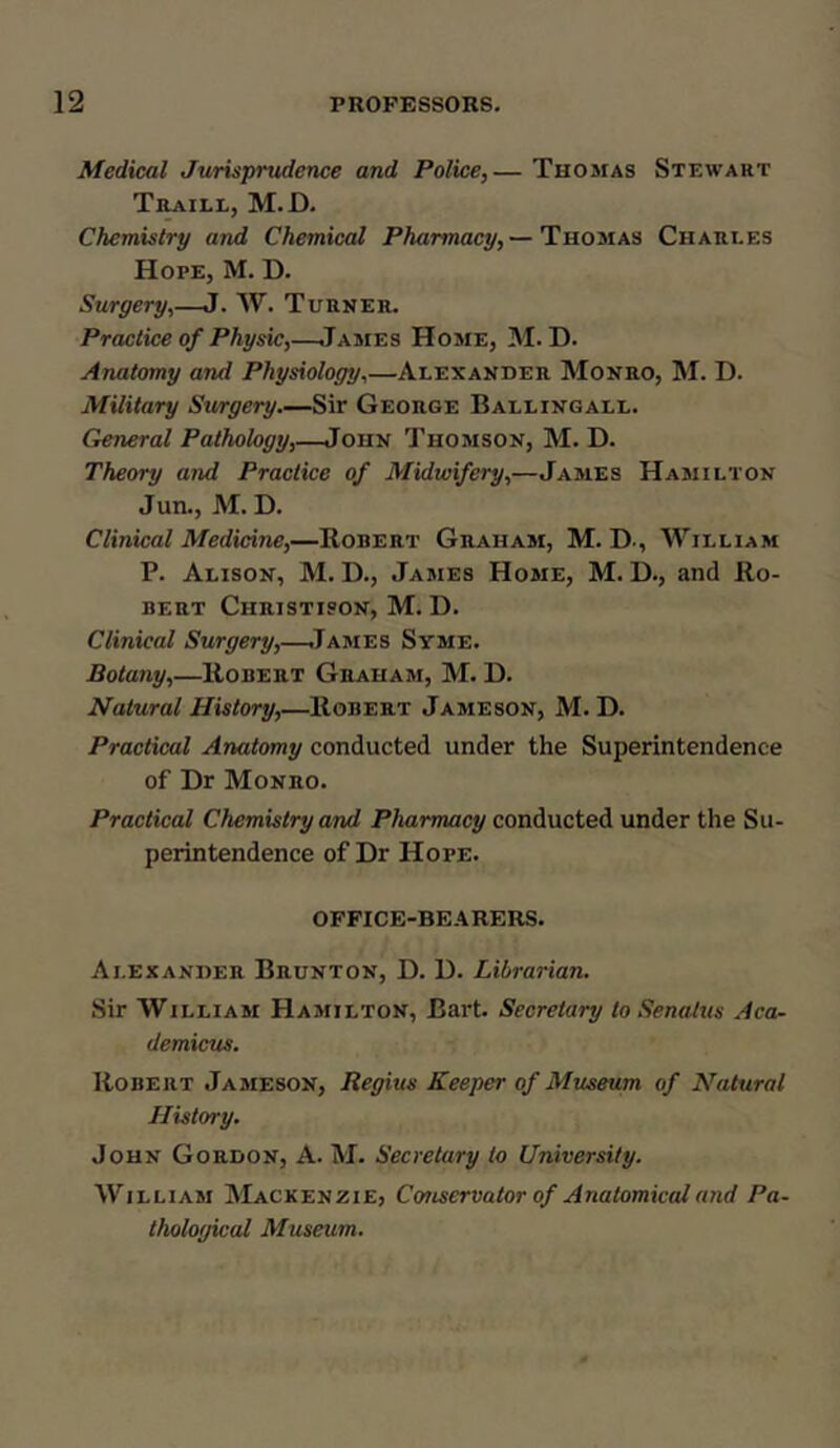 Medical Jurisprudence and Police,— Thomas Stewart Traill, M.D. Chemistry and Chemical Pharmacy,— Thomas Charles Hope, M. D. Surgery,—J. W. Turner. Practice of Physic,—.James Home, M.D. Anatomy and Physiology,—Alexander Monro, M. D. Military Surgery Sir George Ballingall. General Pathology,—John Thomson, M. D. Theory and Practice of Midwifery,—James Hamilton Jun., M. D. Clinical Medicine,—Robert Graham, M. D-, William P. Alison, M. D., James Home, M. D., and Ro- bert Christison, M. D. Clinical Surgery,—.James Syme. Botany,—Robert Graham, M. D. Natural History,—Robert Jameson, M. D. Practical Anatomy conducted under the Superintendence of Dr Monro. Practical Chemistry and Pharmacy conducted under the Su- perintendence of Dr Hope. OFFICE-BEARERS. Alexander Brunton, D. D. Librarian. Sir William Hamilton, Bart. Secretary to Senalus Aca- demicus. Robert Jameson, Regius Keeper of Museum of Natural History. John Gordon, A. M. Secretary to University. William Mackenzie, Conservator of Anatomical and Pa- thological Museum.