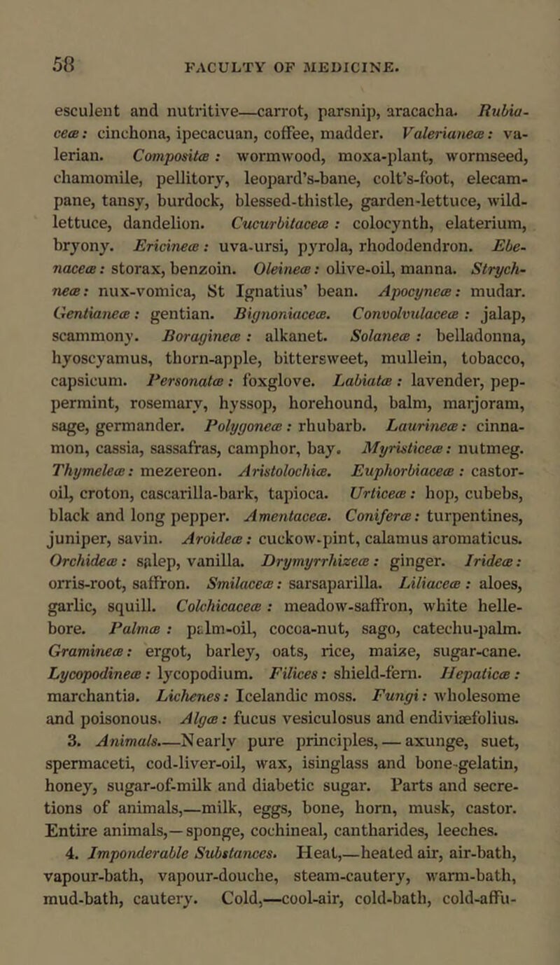 esculent and nutritive—carrot, parsnip, aracacha. Rubia- cece: cinchona, ipecacuan, coffee, madder. Valerianece: va- lerian. Composite: wormwood, moxa-plant, wormseed, chamomile, pellitory, leopard’s-bane, colt’s-foot, elecam- pane, tansy, burdock, blessed-thistle, garden-lettuce, wild- lettuce, dandelion. Cucurbitacece : colocynth, elaterium, bryony. Ericinew: uva-ursi, pyrola, rhododendron. Ebe- nacecB: storax, benzoin. Oleinece: olive-oil, manna. Strych- necB: nux-vomica, St Ignatius’ bean. Apocynece: mudar. Gentianece: gentian. Bignoniacece. Convolvulacece : jalap, scammony. Boragineae: alkanet. Solanece: belladonna, hyoscyamus, thorn-apple, bittersweet, mullein, tobacco, capsicum. Personate : foxglove. Labiate : lavender, pep- permint, rosemary, hyssop, horehound, balm, marjoram, sage, germander. Polygonece: rhubarb. Laurinece: cinna- mon, cassia, sassafras, camphor, bay. Myristicece: nutmeg. Thymelece: mezereon. Aristolochice. Euphorbiaceie: castor- oil, croton, cascarilla-bark, tapioca. Urticea;: hop, cubebs, black and long pepper. Amentaoecs. Coniferce: turpentines, juniper, savin. Aroidece: cuckow-pint, calamus aromaticus. Orchidea:: splep, vanilla. Drymyrrhizece : ginger. Iridece: orris-root, saffron. Smilacece: sarsaparilla. Liliacew : aloes, garlic, squill. Colchicacece : meadow-saffron, white helle- bore. Palmas : palm-oil, cocoa-nut, sago, catechu-palm. Gramineas: ergot, barley, oats, rice, maize, sugar-cane. Lycopodineoe: lycopodium. Fdices: shield-fern. IJepaticce: marchantia. Hellenes: Icelandic moss. Fungi: wholesome and poisonous. Algos: fucus vesiculosus and endiviaefolius. 3. Animals Nearly pure principles, — axunge, suet, spermaceti, cod-liver-oil, wax, isinglass and bone-gelatin, honey, sugar-of-milk and diabetic sugar. Parts and secre- tions of animals,—milk, eggs, bone, horn, musk, castor. Entire animals,—sponge, cochineal, cantharides, leeches. 4. Imponderable Substances. Heat,—heated air, air-bath, vapour-bath, vapour-douche, steam-cautery, warm-bath, mud-bath, cautery. Cold,—cool-air, cold-bath, cold-affu-