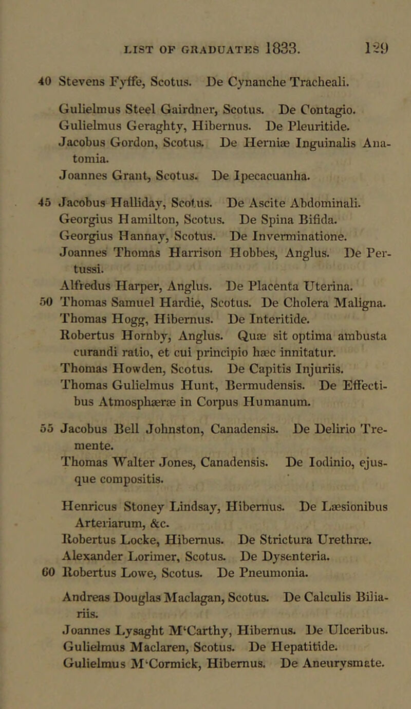 40 Stevens Fyffe, Scotus. De Cynanche Tracheali. Gulielmus Steel Gairdner, Scotus. De Contagio. Gulielmus Geraghty, Hibernus. De Pleuritide. Jacobus Gordon, Scotus. De Herniae Inguinalis Ana- tomia. Joannes Grant, Scotus. De Ipecacuanha. 45 Jacobus Hallidav, Scotus. De Ascite Abdominali. Georgius Hamilton, Scotus. De Spina Bifida. Georgius Hannay, Scotus. De Inverminatione. Joannes Thomas Harrison Hobbes, Anglus. De Per- tussi. Alfredus Harper, Anglus. De Placenta Uterina. 50 Thomas Samuel Hardie, Scotus. De Cholera Maligna. Thomas Hogg, Hibernus. De Interitide. Robertus Hornby, Anglus. Quae sit optima ambusta curandi ratio, et cui principio hsec innit at ur. Thomas Howden, Scotus. De Capitis Injuriis. Thomas Gulielmus Hunt, Bermudensis. De Effecti- bus Atmosphaerae in Corpus Humanum. 55 Jacobus Bell Johnston, Canadensis. De Delirio Tre- mente. Thomas Walter Jones, Canadensis. De Iodinio, ejus- que compositis. Henricus Stoney Lindsay, Hibernus. De Laesionibus Arteiiarum, &c. Robertus Locke, Hibernus. De Strictura Urethrae. Alexander Lorimer, Scotus. De Dysenteria. CO Robertus Lowe, Scotus. De Pneumonia. Andreas Douglas Maclagan, Scotus. De Calculis Bilia- riis. Joannes l.ysaght M‘Carthy, Hibernus. De Ulceribus. Gulielmus Maclaren, Scotus. De Hepatitide. Gulielmus M'Cormick, Hibernus. De Aneurvsmate.