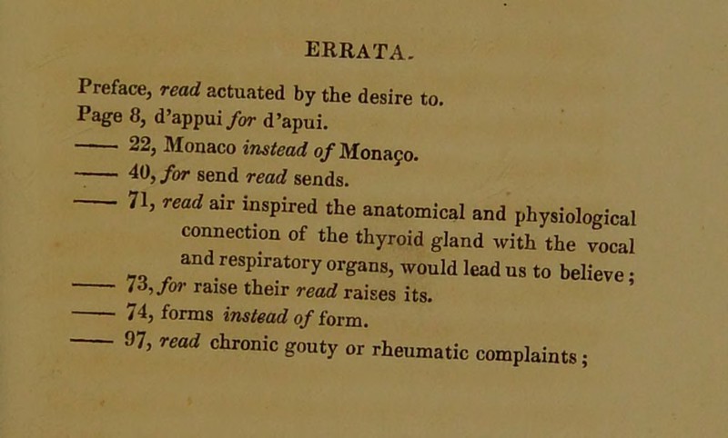 errata. Preface, read actuated by the desire to. Page 8, d’appui for d’apui. 22, Monaco instead of Monaco. 40, for send read sends. 71, read air inspired the anatomical and physiological connection of the thyroid gland with the vocal and respiratory organs, would lead us to believe; io,joi raise their read raises its. 74, forms instead of form. 97, read chronic gouty or rheumatic complaints;