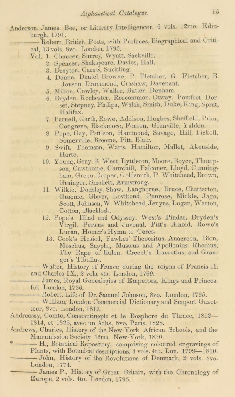 Anderson, Janies, Bee, or Literary Intelligencer, 6 vols. 12mo. Edin- burgh, 1791. Robert, British Poets, with Prefaces, Biographical and Criti- cal, 13 vols. 8vo. London, 1795. Vol. 1. Chaucer, Surrei Wyatt, Sackville. 2. Spencer, Shakspeare, Davies, Hall. 3. Drayton, Carew, Suckling. 4. Donne, Daniel, Browne, P. Fletcher, G. Fletcher, B. Jonson, Drummond, Crashaw, Davenant. 5. Milton, Cowley, Waller, Butler, Denham. 6. Dryden, Rochester, Roscommon, Otway, Pomfret, Dor- set, Stepney, Philips, Walsh, Smith, Duke, King, Sprat, Halifax. 7. Parnell, Garth, Rowe, Addison, Hughes, Sheffield, Prior, Congreve, Blackmore, Fenton, Granville, Yalden. 8. Pope, Gay, Pattison, Hammond, Savage, Hill, Tickell, Somerville, Broome, Pitt, Blair. 9. Swift, Thomson, Watts, Hamilton, Mallet, Akenside, Harte. 10. Young, Gray, B. West, Lyttleton, Moore, Boyce, Thomp- son, Cawthorne, Churchill, Falconer, Lloyd, Cunning- ham, Green, Cooper, Goldsmith, P. Whitehead, Brown, Grainger, Smollett, Armstrong. 11. Wilkie, Dodsley, Shaw, Langhorne, Bruce, Chatterton, Graeme, Glover, Lovibond, Penrose, Mickle, Jago, Scott, Johnson, W. Whitehead, Jenyns, Logan, Warton, Cotton, Blacklock. 12. Pope’s Illiad and Odyssey, West’s Pindar, Dryden’s Virgil, Persius and Juvenal, Pitt’s iEneid, Rowe’s Lucan, Homer’s Hymn to Ceres. 13. Cook’s Hesiod, Fawkes’ Theocritus, Anacreon, Bion, Moschus, Sappho, Musasus and Apollonius Rhodius, The Rape of Helen, Creech’s Lucretius, and Gran- ger’s Tibullus. Walter, History of France during the reigns of Francis II. and Charles IX., 2 vols. 4to. London, 1769. James, Royal Genealogies of Emperors, Kings and Princes, fob London, 1736. Robert, Life of Dr. Samuel Johnson, 8vo. London, 1795. William, London Commercial Dictionary and Seaport Gazet- teer, 8vo. London, 1S1L Andreossy, Comte, Constantinople et le Bosphore de Thrace, 1S12— 1814, et 1S26, avec un Atlas, 8vo. Paris, 182S. Andrews, Charles, History of the New-York African Schools, and the Manumission Society, 12mo. New-York, 1830. * H., Botanical Repos’tory, comprising coloured engravings of Plants, with Botanical descriptions, 4 vols. 4to. Lon. 1799—1810. John, History of the Revolutions of Denmark, 2 vols. Svo. London, 1774. James P., History of Great Britain, with the Chronology of Europe, 2 vols. 4to. London, 1795.