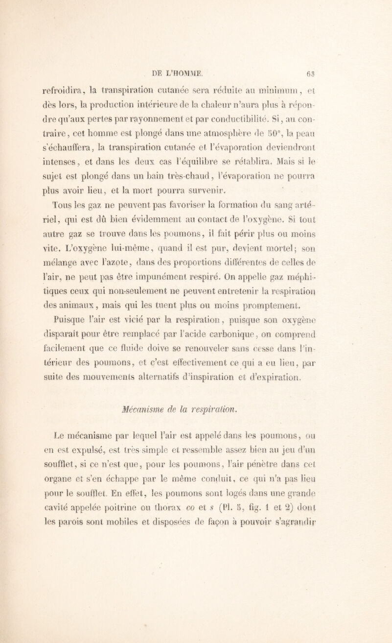 refroidira, la transpiration cutanée sera réduite au mininiinii, et dès îors, la production intérieure de îa clialeiir n’aura plus à répon- dre qu’aux pertes par rayonnement et par conductibilité. Si, au con- traire, cet bonirne est plongé dans une atmospbère de 50% la peau s’échaufféra, la transpiration cutanée et l’évaporation deviendront intenses, et dans les deux cas l’équilibre se rétablira. Mais si le sujet est plongé dans un bain très-chaud, l’évaporatioFi ne pourra plus avoir lieu, et îa mort pourra survenir. Tons les gaz ne peuvent pas favoriser la formation du sang arté- riel, qui est dû bien évidemment au contact de l’oxygène. Si tout autre gaz se trouve dans les poumons, il fait périr plus ou moins vite. L’oxygène lui-même, quand il est pur, devient moitel; son mélange avec Fazote, dans des proportions différentes de celles de Fair, ne peut pas être impunément respiré. On appelle gaz méphi- tiques ceux qui non-seulement ne peuvent entretenir la respiration des animaux, mais qui les tuent plus ou moins promptement. Puisque Fair est vicié par la respiration, pi!isc|iie son oxygène disparait pour être remplacé par Facide carbonique, on corriprend facilement que ce fluide doive se renouveler sans cesse dans ido- teneur des poumons, et c’est effectivement ce qui a eu lieu, par suite des mouvements alteniatifs d’inspiration et d’expiration, Mécanmne de la respiraiion. Le mécanisme par lequel Fair est appelé dans les poonions, ou en est expulsé, est très-simple et ressemble assez bien au jeu d’on soufflet, si ce n’est que, pour les poumons, Fair pénètre dans cet organe et s’en échappe par le même conduit, ce qui n’a pas lieu pour le soufflet. En eflét, les poumons sont logés dans une grande cavité appelée poitrine ou thorax m et (Fl. 5, fig. 1 et 2) dont les parois sont mohiles et disposées de façon à pouvoir s’agrandir