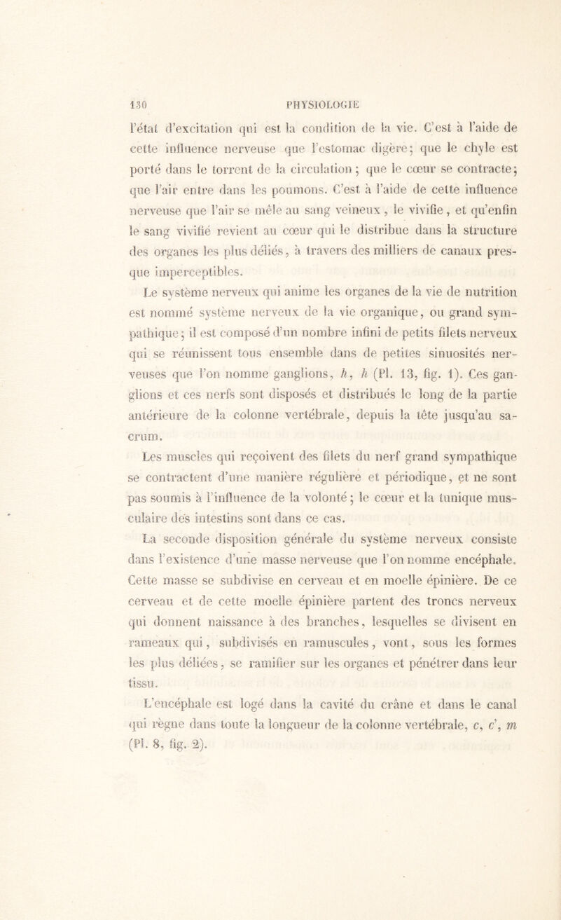 Fêtai d’excitation qui est la condition de la vie. C’est a l’aide de cette inilnence nerveuse que l’estomac digère; que le chyle est porté dans le torrent de la circulation ; que le cœur se contracte; que Fair entre dans les poomons. C’est à l’aide de cette influence nerveuse que Fair se môle au sang veineux , le vivifie , et qu’enfin le sang vivifié revient au cœur qui le distribue dans la structure des organes les plus déliés, à travers des milliers de canaux pres^ que imperceptibles* Le système nerveux qui anime les organes de la vie de nutrition est nommé système nerveux de la vie organique, ou grand sym- pathique; il est composé d’un uonibre infini de petits filets nerveux qui se réunissent tous ensemble dans de petites sinuosités ner- veuses que l’on nomme ganglions, A, h (PL 13, flg. 1). Ces gan- glions et ces nerfs sont disposés et distribués le long de la partie antérieure de la colonne vertébrale, depuis la tête jusqu’au sa- crum , Les muscles qui reçoivent des filets du nerf grand sympathique se coritracienî d’une manière régulière et périodique, et ne sont pas soumis à rinfliience de la volonté ; le cœur et la tunique mus- Ciliaire des intestins sont dans ce cas. La seconde disposition générale du système nerveux consiste dans l’existence d’une masse nerveuse que Fon nomme encéphale. Cette masse se subdivise en cerveau et en moelle épinière. De ce cerveau et de cette moelle épinière partent des troncs nerveux qui donnent naissance à des branches, lesquelles se divisent en rameaux qui, subdivisés en ramuscules, vont, sous les formes les plus déliées, se ramifier sur les organes et pénétrer dans leur tissu. iFeucéphale est logé dans la cavité du crâne et dans le canal qui r ègne dans toute la longueur de la colonne vertébrale, c, c’, m (S'I. 8, üg. 2).