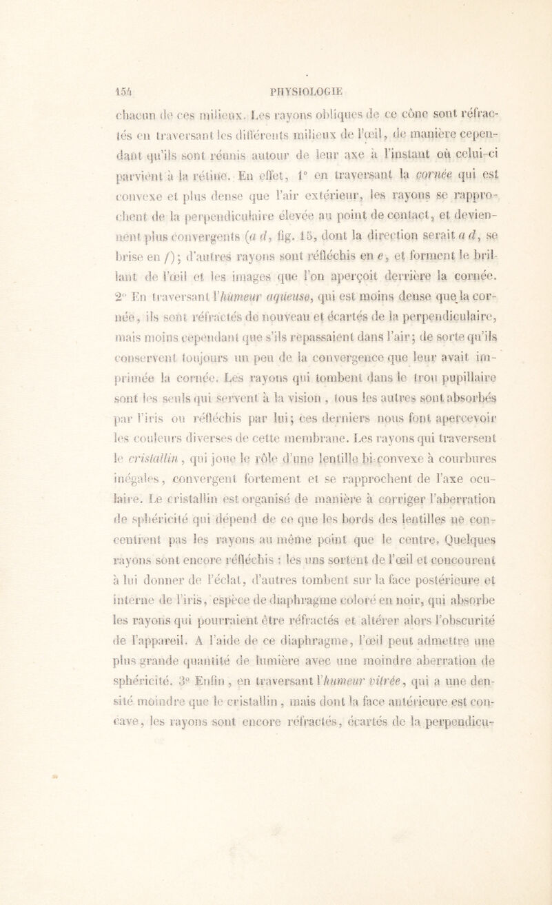 cliacnii (le ces iHiliciix. Les rayons oLüques de ce cône sont réfrac- tés eu traversant les dÜTérouts milieux de l’œil, de manière cepen- dant (jiuls sont réunis autour de leur axe à l’instant où celui-ci parvient à ia rétine. En effet, V on traversant la cornée (}ui est convexe et plus dense que Fair extérieur, les rayons se rappro- client de la })erpendiciilaire él(3vée au point de contact, et devien- neiit plus convergents (adj fig. 15, dont la direction serait a rl, se brise en /) ; (Faotres rayons sont réOéchis en c, et fomient le bril- lant de Fœii et les images que l’on aperçoit derrière la cornée. 2^ En traversant F/mmcwr aqueuse^ qui est moins dense queja cor- née, ils sont réfractés de nouveau et écartés de la perpendiculaire, mais moins ta^pendanl que s’ils repassaient dans Fair; de sorte qu’ils conservent toujours im peu de la convergence que leur avait im- primée la cornée. Lés rayons qui tombent dans le trou pupillaire sont les seuls qui servent à la vision , tous les autres sont absorbés par Firis ou réllécliis par loi; ces derniers nous font apercevoir les couleurs diverses de cette membrane. Les rayons qui traversent !e crisiailin , qui joue le rôle d’une lentille bi convexe à courîiiires inégales, convergent fortement et se rapprochent de Faxe ocu- laire. Le cristallin est organisé de manière à corriger l’aberration de spliéricilé qui dépend de ce que les bords des lentilles ne con- centrent pas les rayons au même point que le centre. Quelques rayons sont encore réfléchis : les uns sortent de Fœi! et coiicoiireni a lui donner de Fécial, d’autres tombent sur la face postérieure et interne de l’iris, espèce de driphragme colojai en noir, qui absorbe les rayons qui pourraient être réfractés et altérer alors l’obscurité de l’appareil. A l’aide de ce diaphragnie, l’œil peut admettre une plus grande quaniilé de lumière avec une moindre aberration de sphéricité, Enfin, en tr aversant F/ncmrt/r rffrée, qui a une den- sité moindre que le cristallin , mais dont la face antérieure est con- cave, les rayons sont encore réfractés, écartés de la perpendicu”