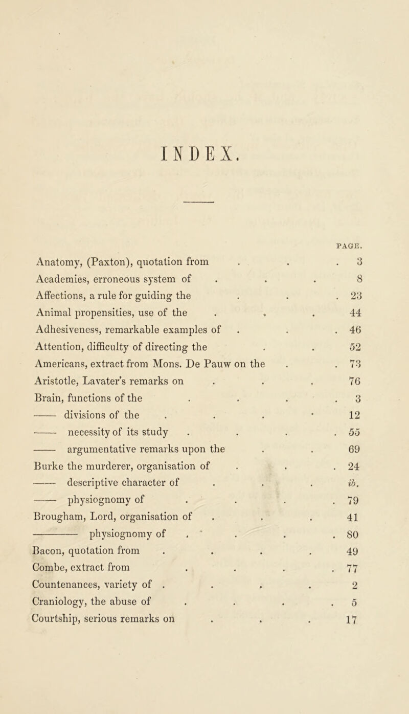 INDEX. Anatomy, (Paxton), quotation from Academies, erroneous system of Affections, a rule for guiding the Animal propensities, use of the Adhesiveness, remarkable examples of Attention, difficulty of directing the Americans, extract from Mons. De Pauw on the Aristotle, Lavater's remarks on Brain, functions of the divisions of the • necessity of its study argumentative remarks upon the Burke the murderer, organisation of descriptive character of physiognomy of Brougham, Lord, organisation of physiognomy of . * Bacon, quotation from Combe, extract from Countenances, variety of . Craniology, the abuse of Courtship, serious remarks on PAGE. . 3 8 . 23 44 . 46 52 . 73 76 . 3 12 . 55 69 . 24 ib. . 79 41 . 80 49 . 77 2 5 17