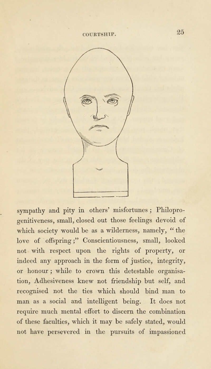 sympathy and pity in others’ misfortunes ; Philopro- genitiveness, small, closed out those feelings devoid of which society would be as a wilderness, namely, “ the love of offspringConscientiousness, small, looked not with respect upon the rights of property, or indeed any approach in the form of justice, integrity, or honour; while to crown this detestable organisa- tion, Adhesiveness knew not friendship but self, and recognised not the ties which should bind man to man as a social and intelligent being. It does not require much mental effort to discern the combination of these faculties, which it may be safely stated, would not have persevered in the pursuits of impassioned